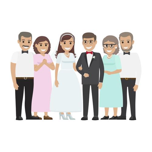 一群の人は中国婚礼身着盛装。