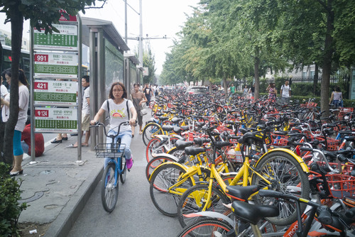 中国路上に駐輪された自転車。