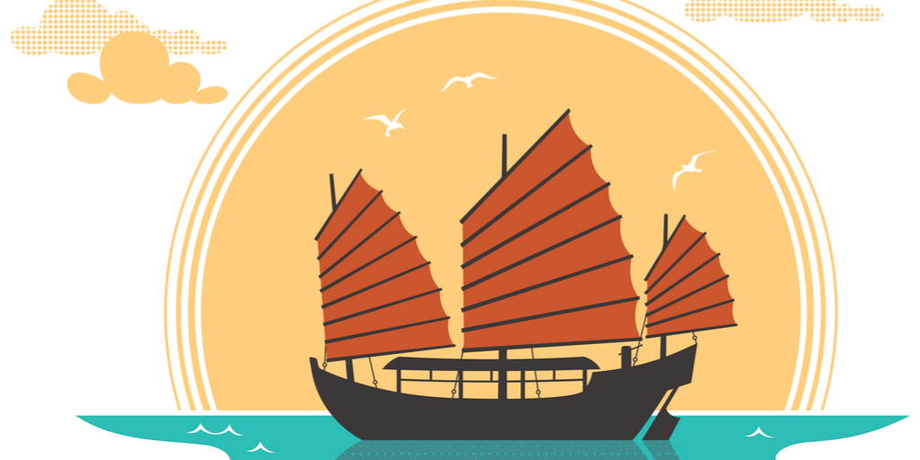 海に浮かぶ中国の帆船。