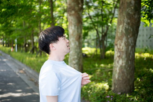 中国の森林地帯に立つアジア系の若い男性。