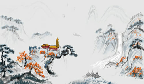 説明:一幅中国山村の绘画。