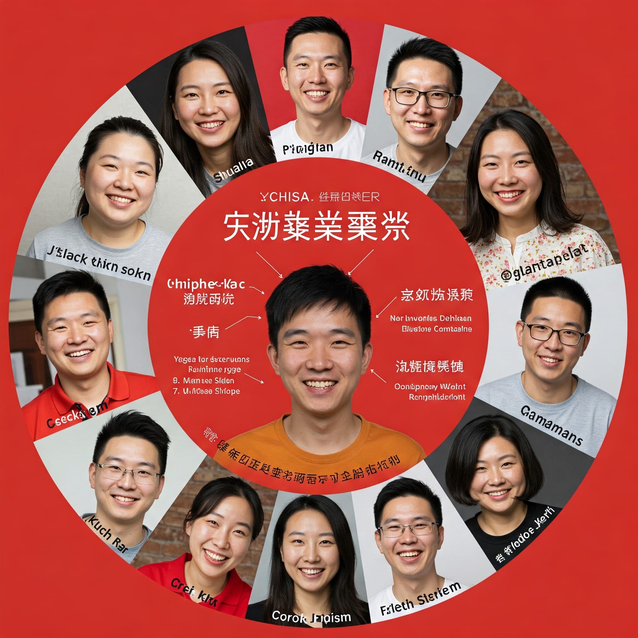 様々な年代・性別の中国人の笑顔のポートレートコラージュ