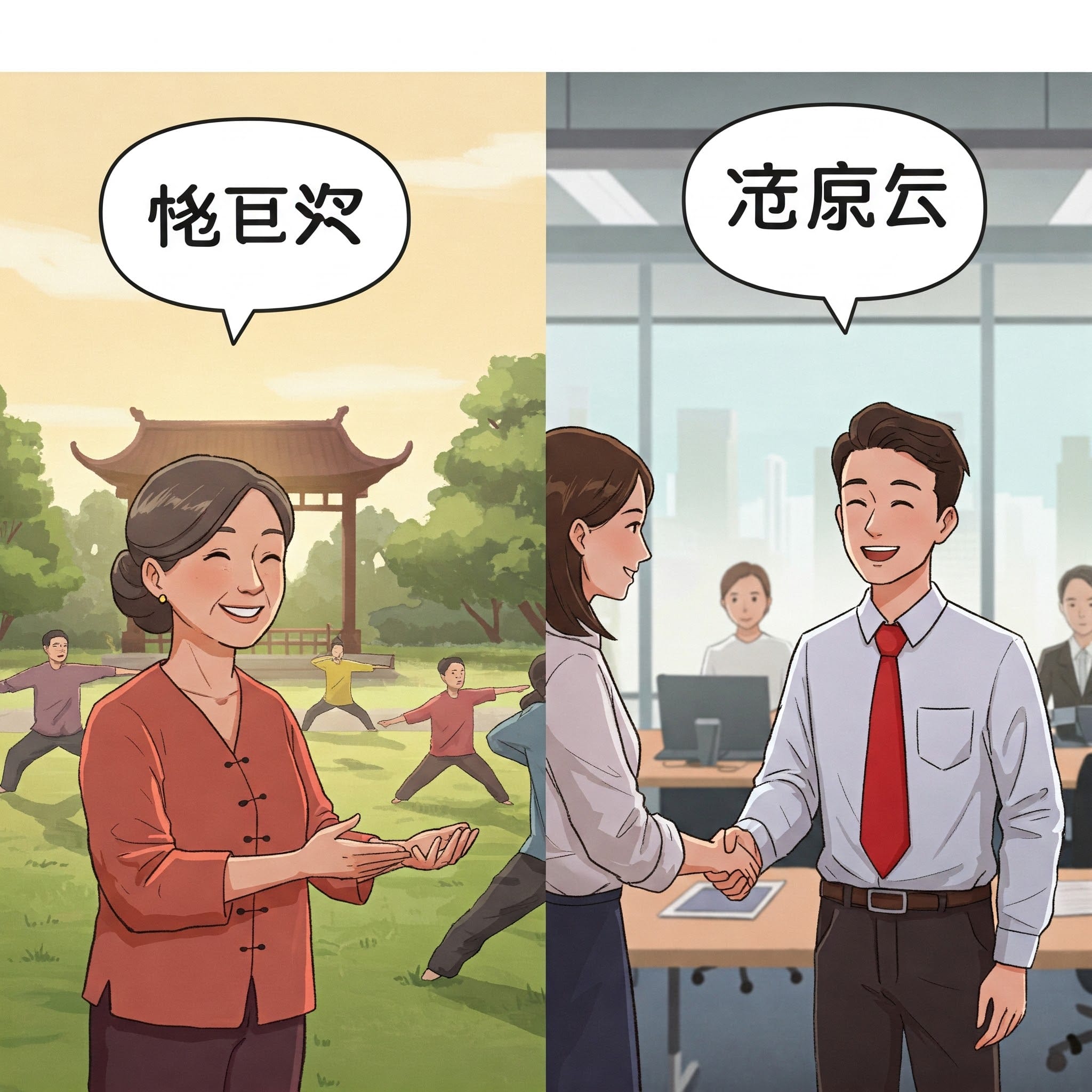 朝の公園と午後のオフィスの挨拶シーンイラスト
