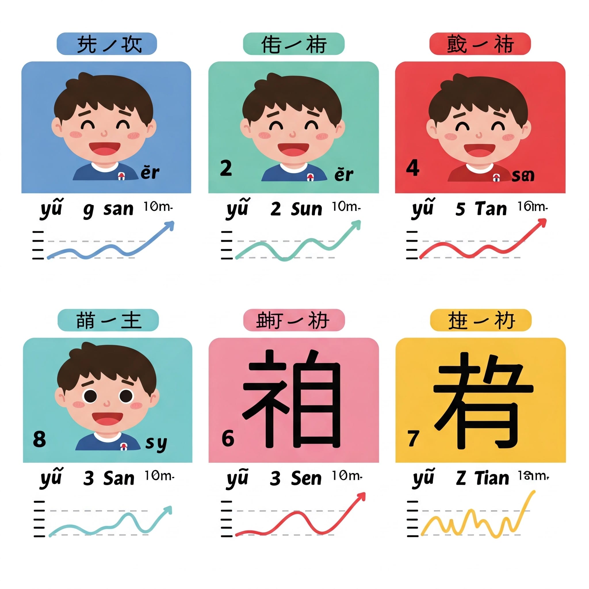 中国語の数字のピンイン、声調、漢字が書かれたカードのイラスト