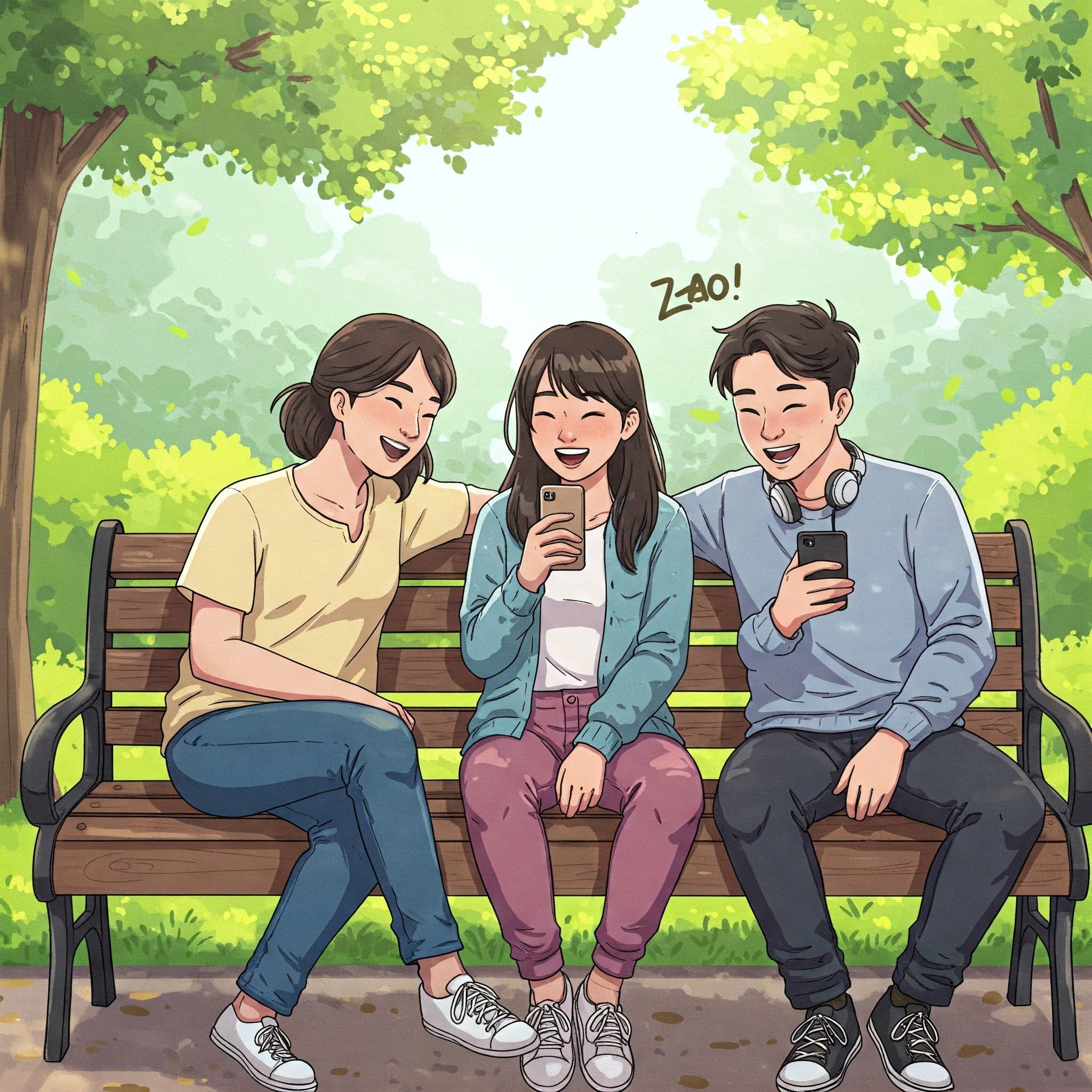 公園のベンチで、若い友人同士がカジュアルな中国語の挨拶「早！」を交わし笑い合っている、リラックスした雰囲気