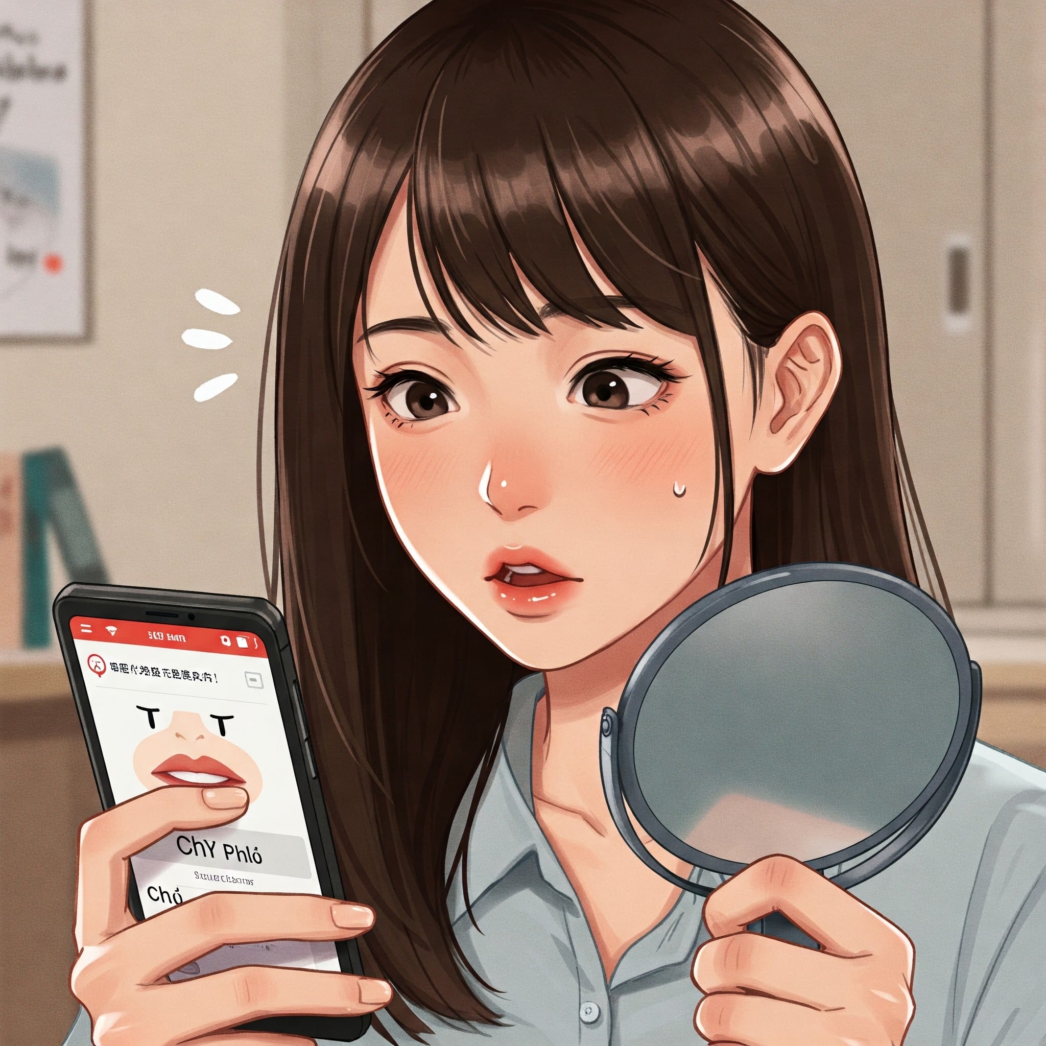 スマートフォンの画面に中国語の発音練習アプリ（ピンイン表示）が映っており、日本人学習者が画面を見ながら口を「chī」の形にして真剣に、しかし少し楽しそうに発音練習しているクローズアップ。