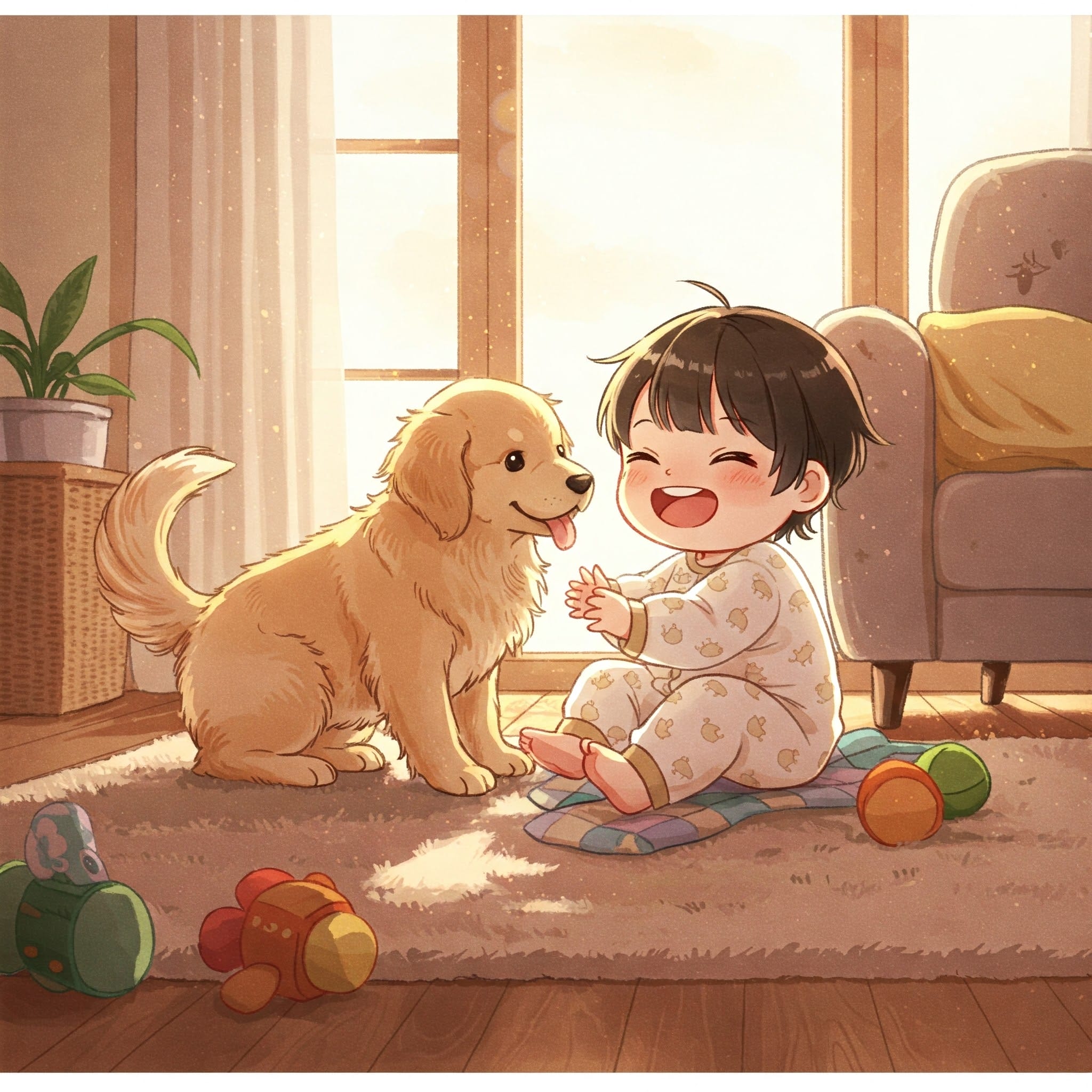 中国で目を細めてうれしそうな笑顔を浮かべている赤ちゃん。