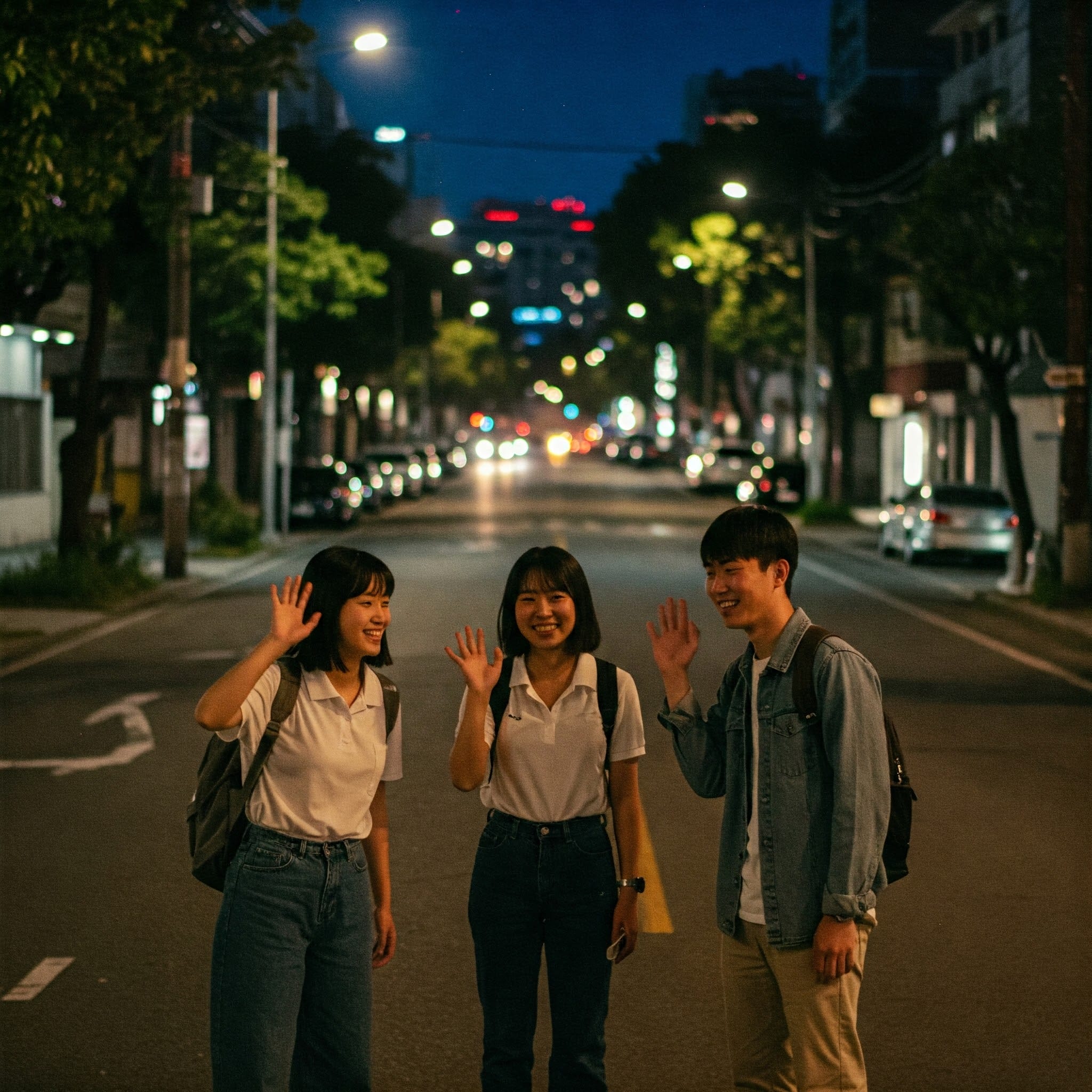 友人同士が夜景を見ながら別れを惜しむ、またはバイバイしている