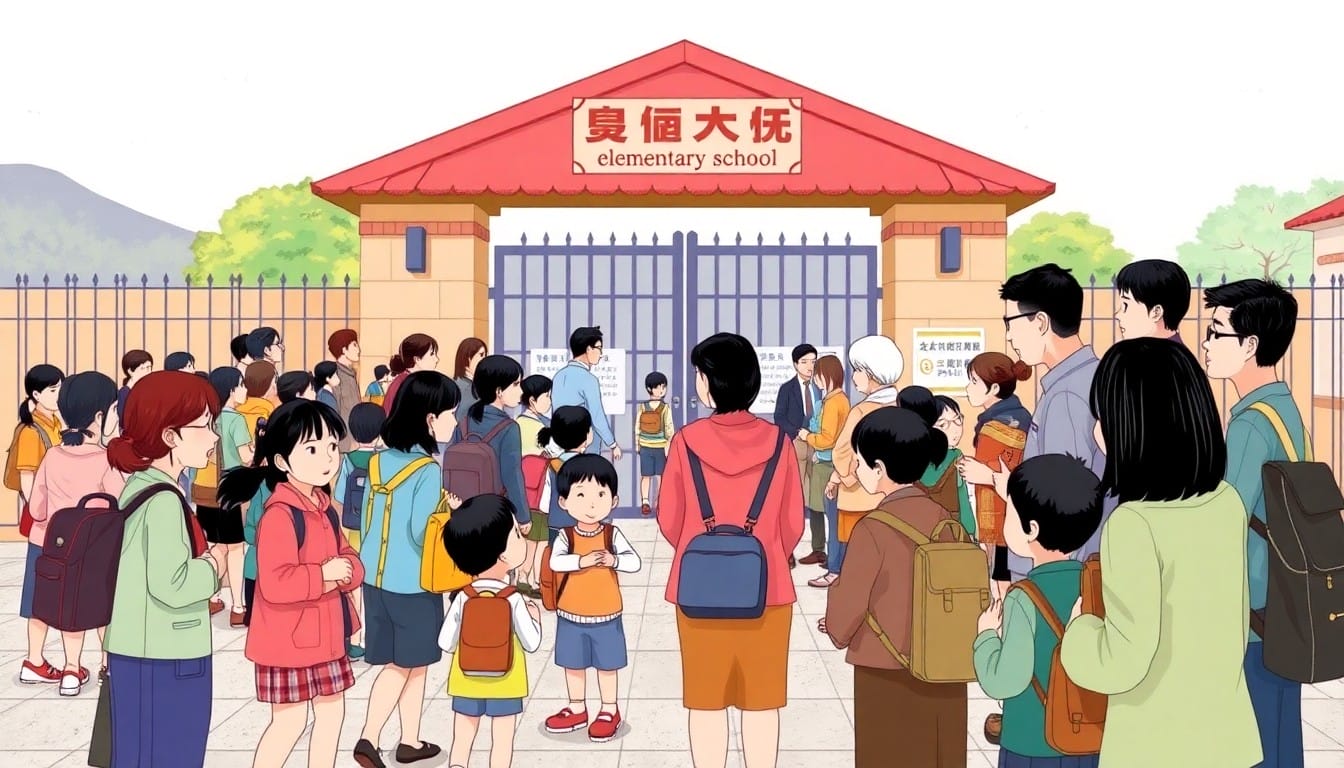 中国の小学校の校門前で下校する子供を待つ保護者たち