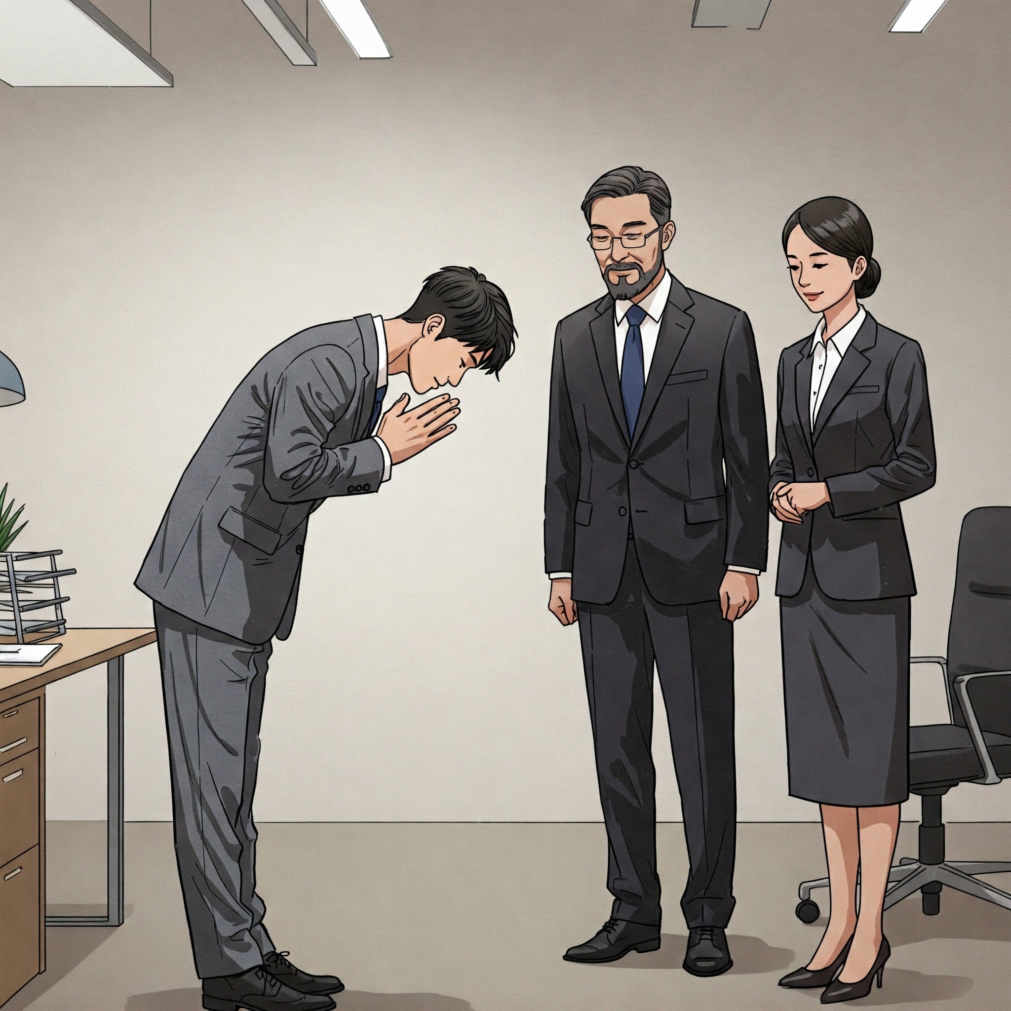 オフィス環境で、部下が上司に丁寧な中国語の挨拶「您早」をしながら軽くお辞儀をしている、ビジネスシーン