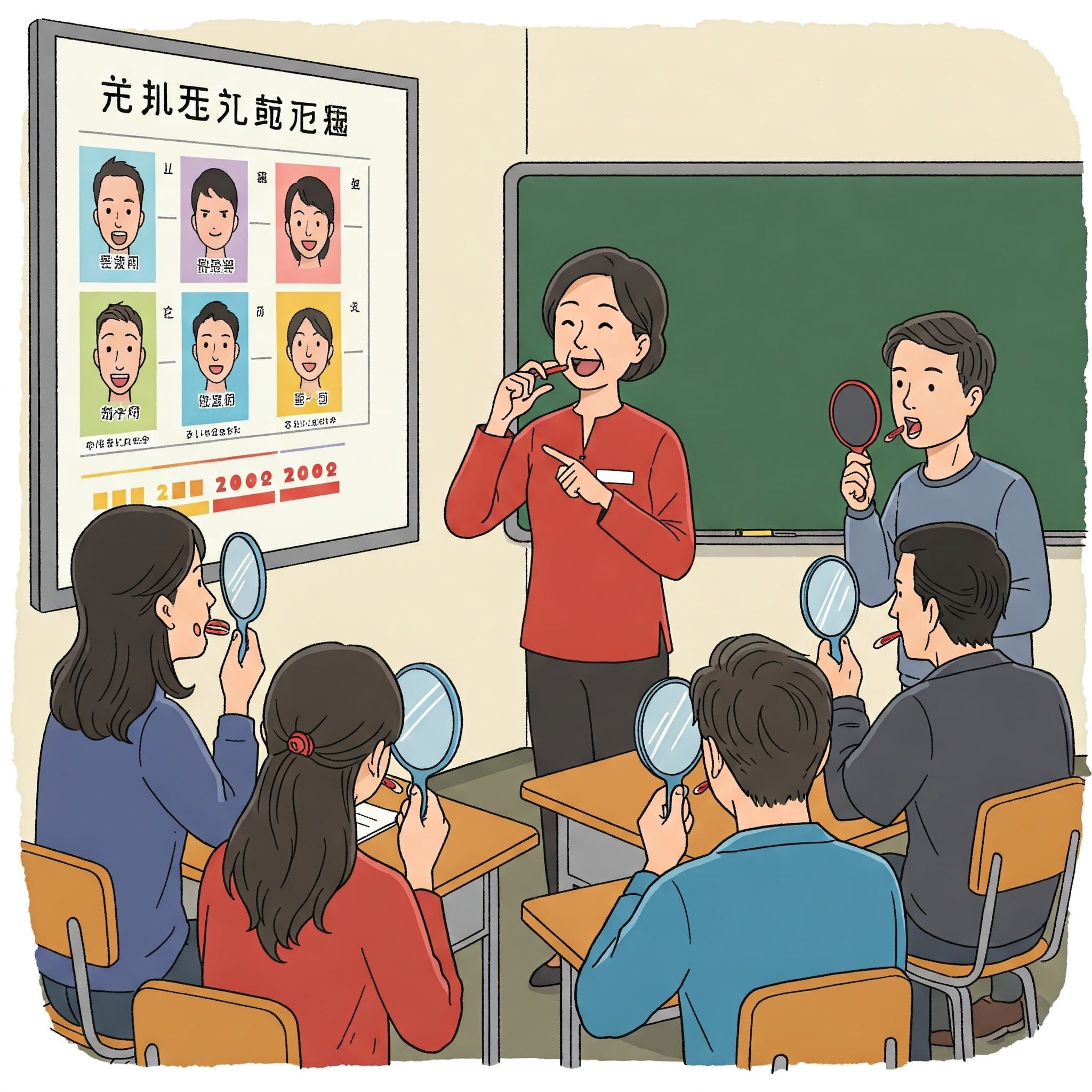 ヘッドフォンをした学習者が、口の形を意識しながらピンインの発音練習をしている様子。横にはピンインと声調のチャート図。