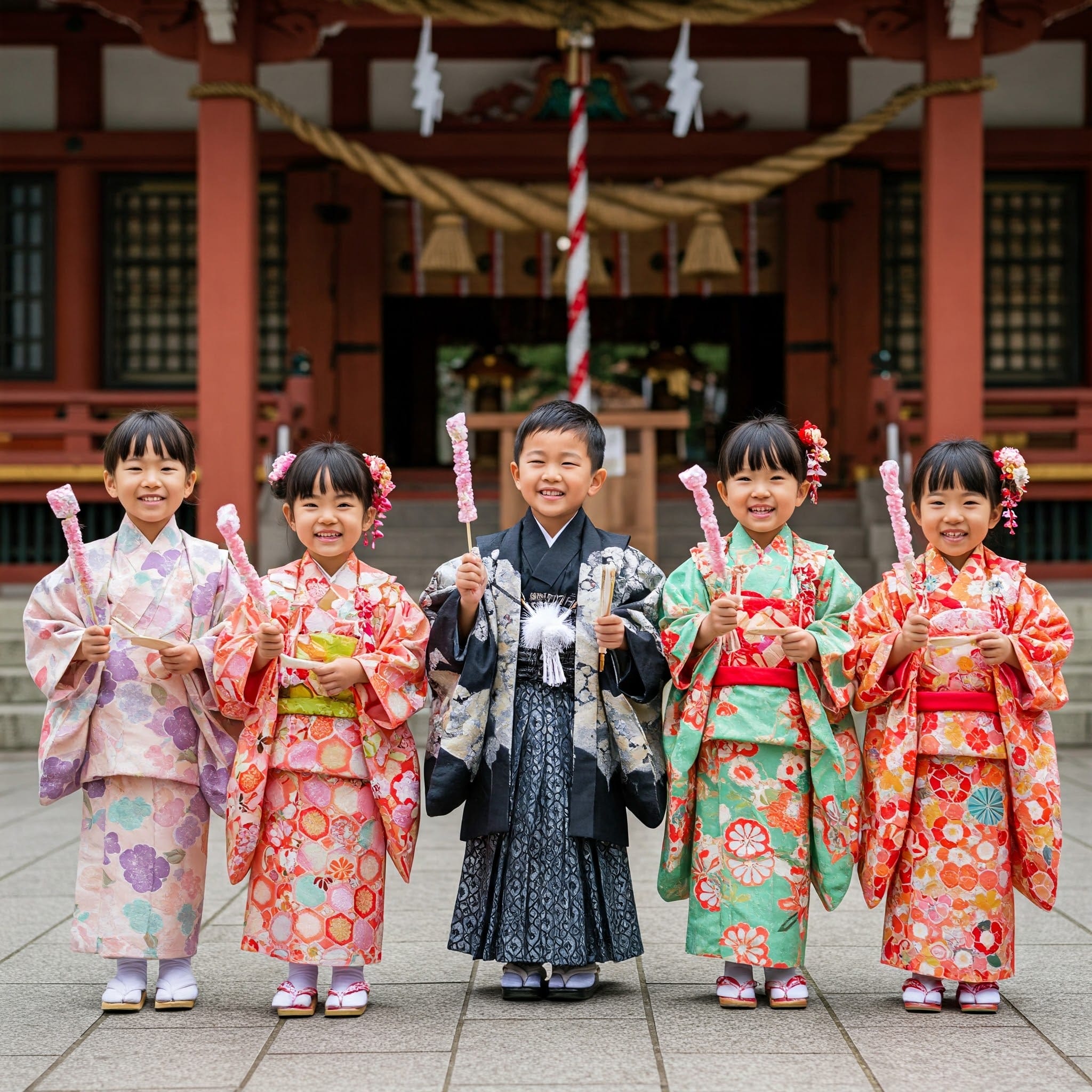 七五三詣りで晴れ着を着た子供たち
