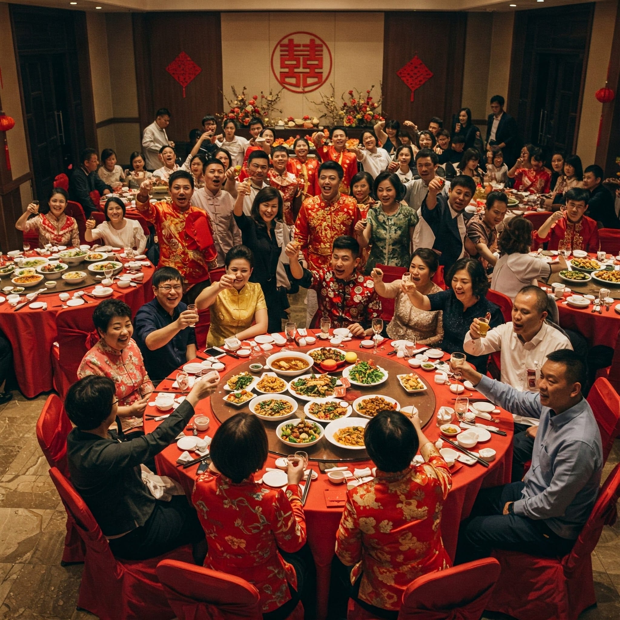 中国の結婚披露宴（婚礼喜宴）でゲストたちが楽しんでいる様子
