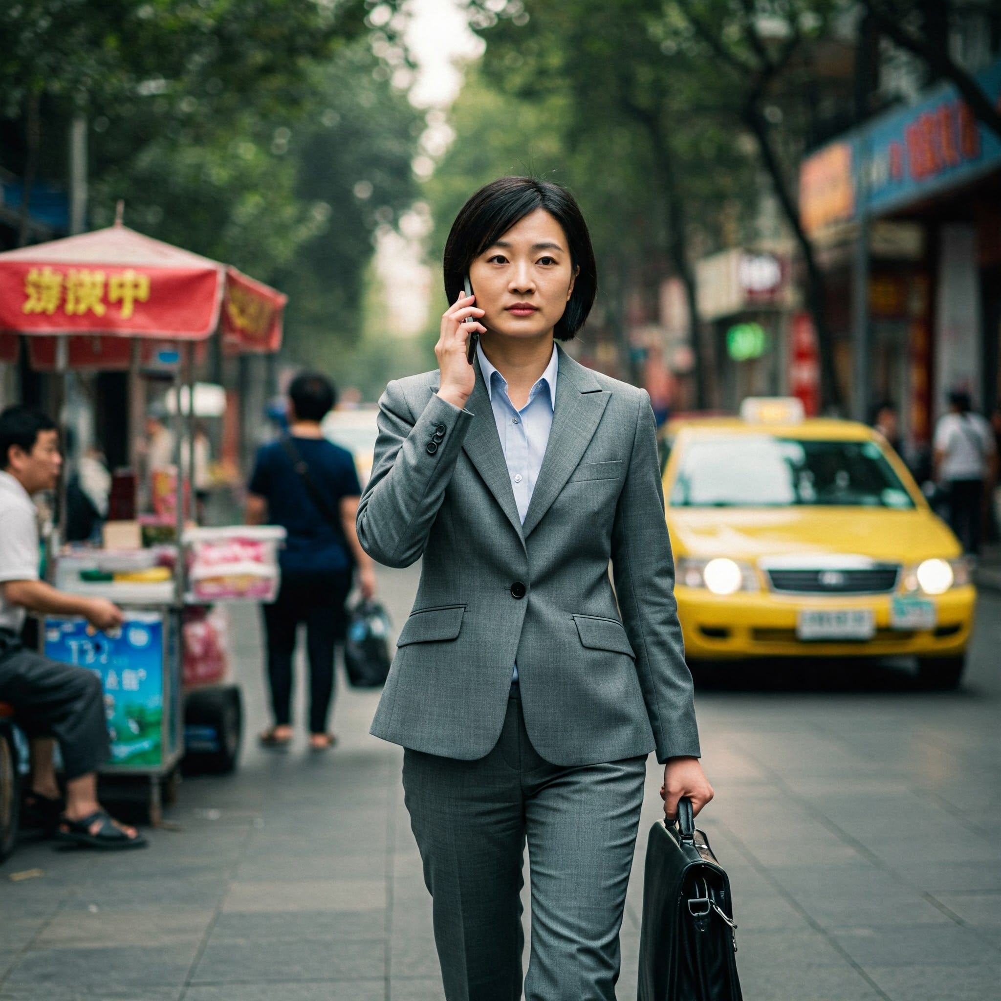 活気ある中国の街を歩く現代的な中国人女性