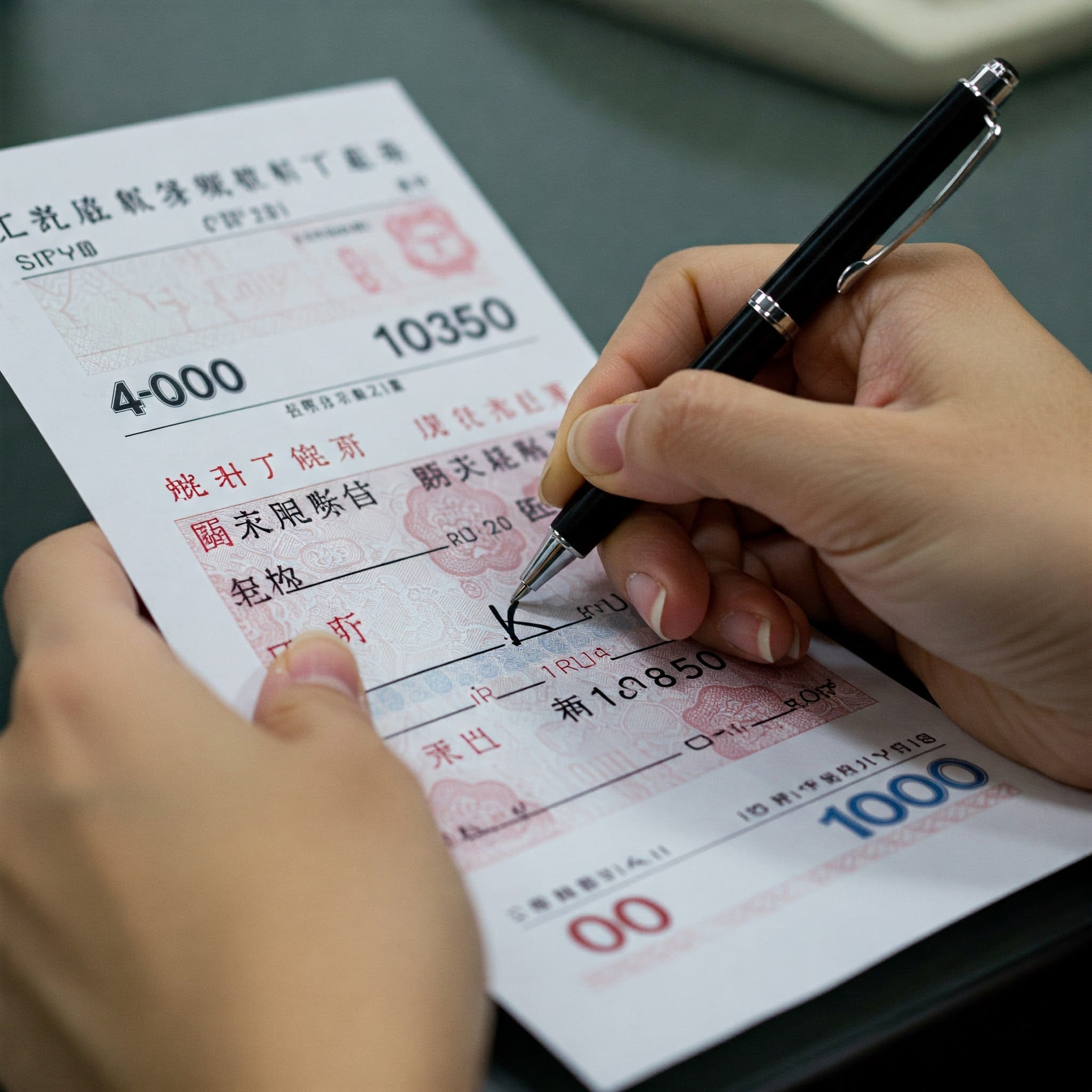 現代の中国の領収書に大写で金額が記入されているクローズアップ