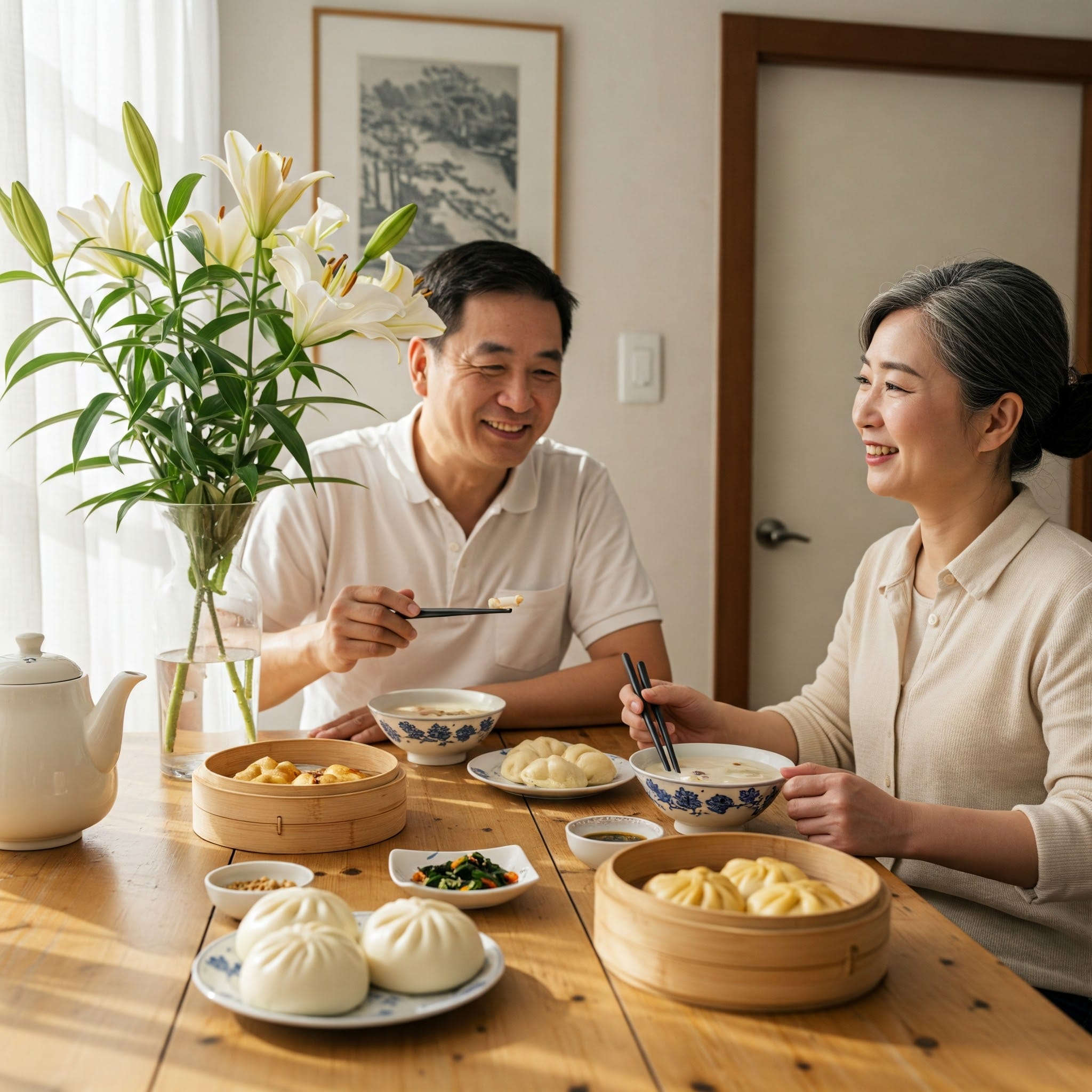 中国の朝食風景（包子や豆乳など）