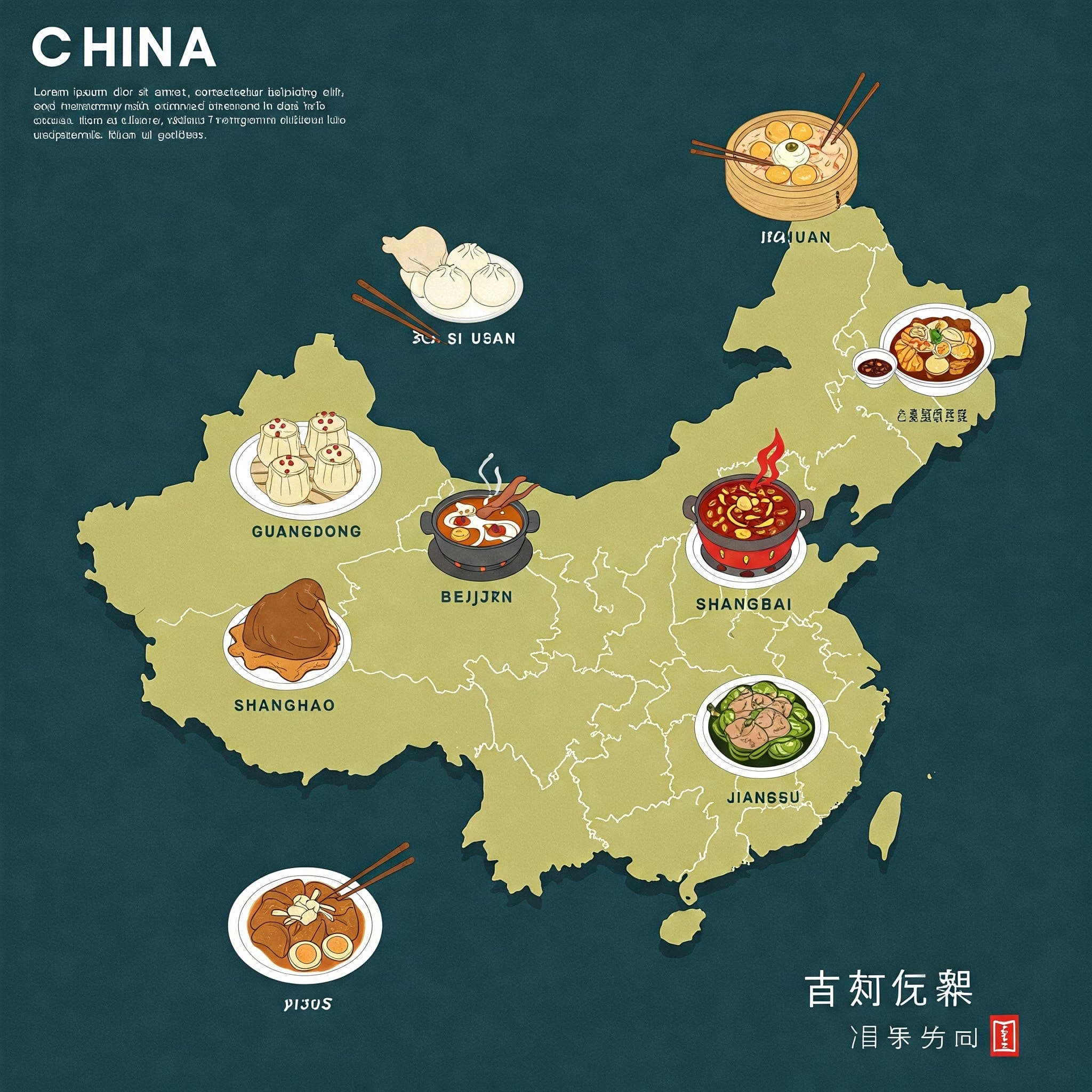 中国地図の上に、代表的な地方料理のアイコンや美味しそうなイラストが配置されている。広東省エリアに点心、四川省エリアに火鍋、北京エリアに北京ダック、上海エリアに小籠包など。食文化の地域的多様性を分かりやすく示す。