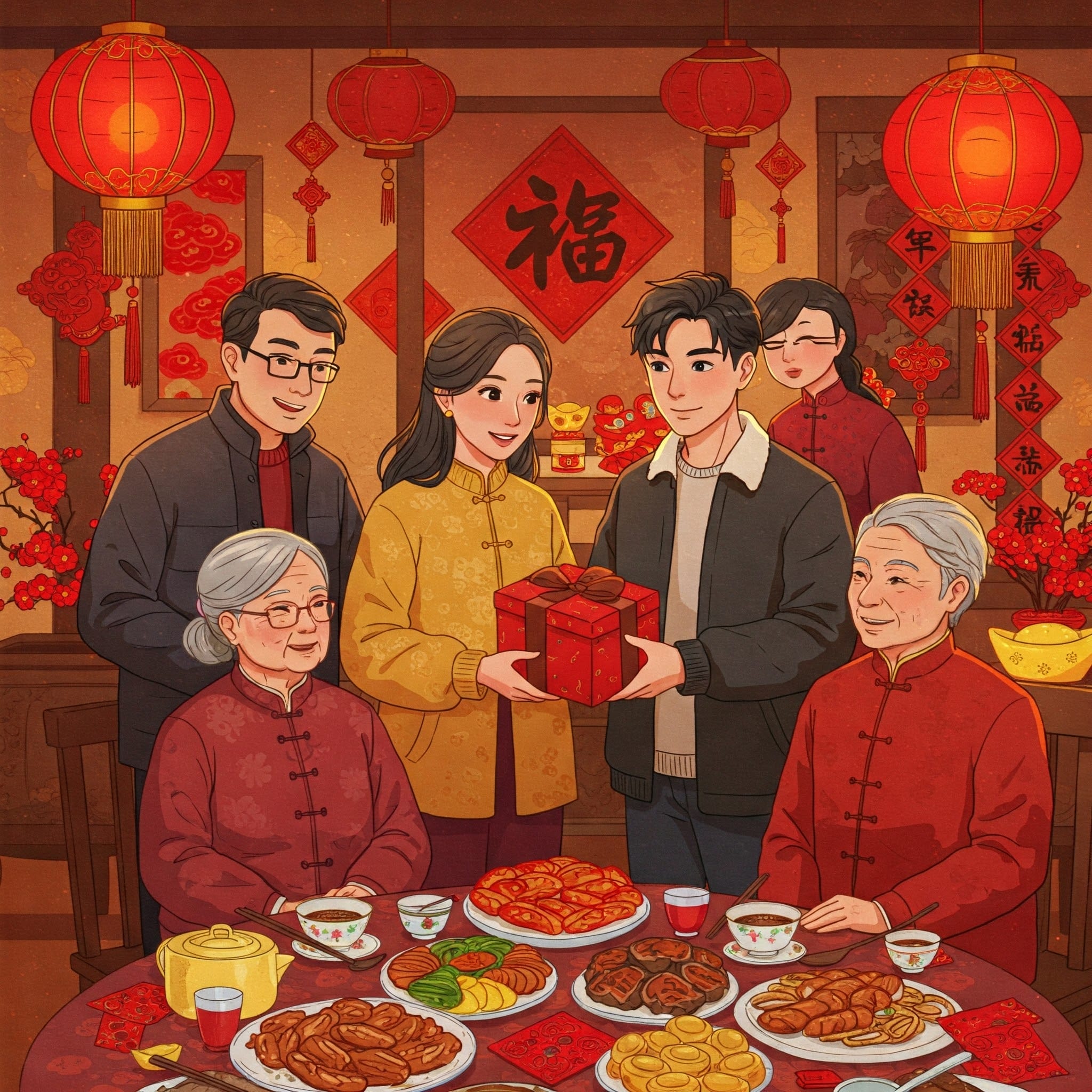 中国の伝統的な装飾が少し見える家庭のリビングで、穏やかな表情の年配の女性（おばあさん）が、若い女性（孫娘）にお茶を淹れて手渡している。