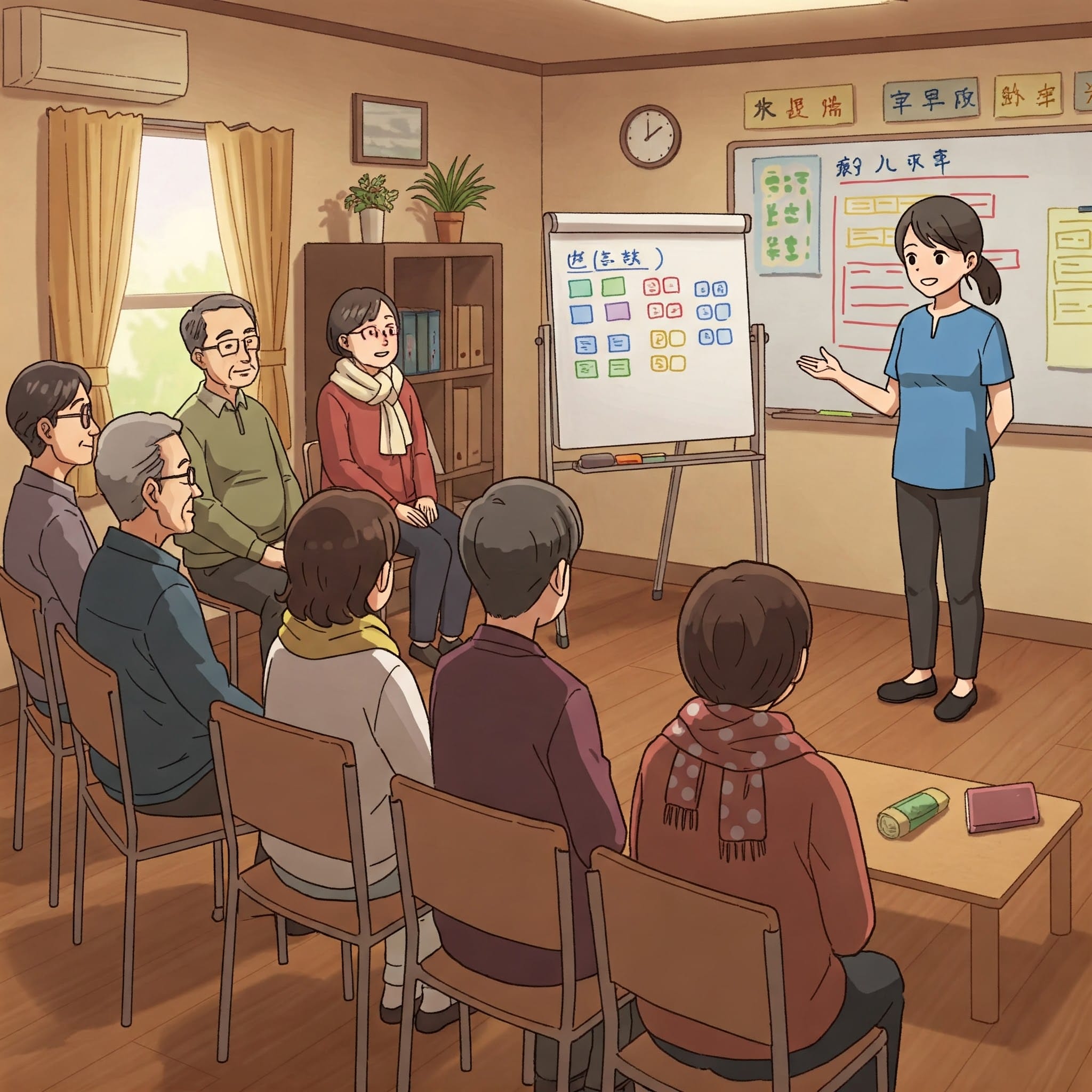 語学クラスや交流会で、一人の日本人学生が前に立ち、少し緊張しながらも「大家好，我叫... 」と自己紹介をしている。
