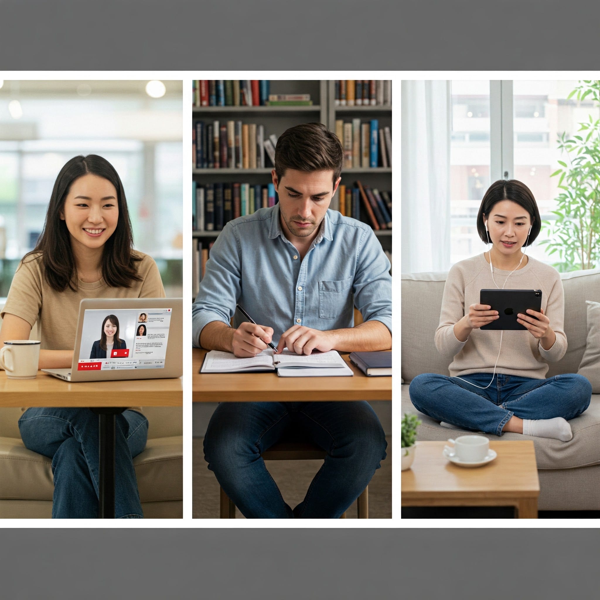 言語交換カフェやオンライン交流会のような場面で、日本人学習者と中国人ネイティブスピーカーが、和やかに、時にジェスチャーを交えながら楽しそうに会話している様子。