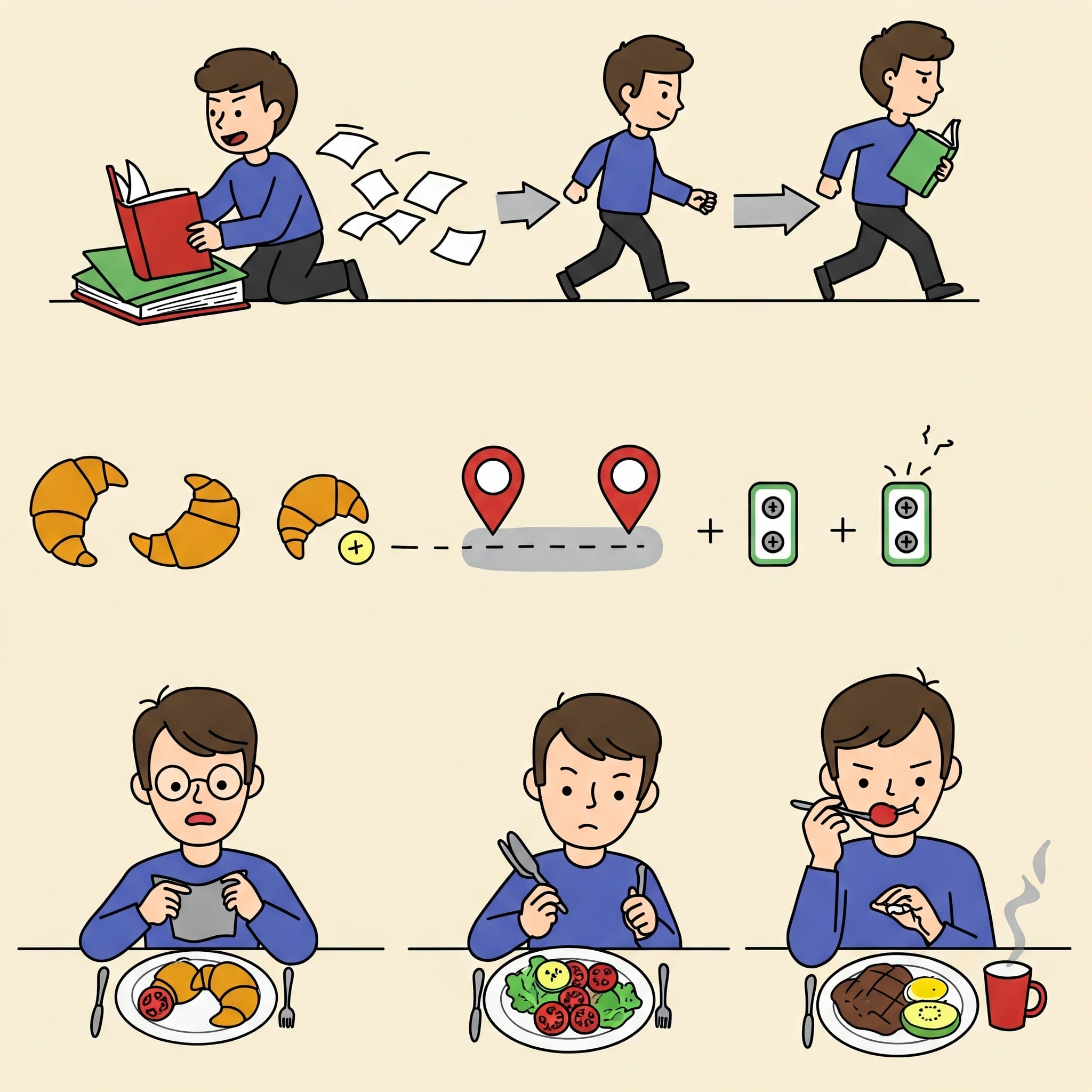 本を読む、往復する、食事するなど反復動作のイラスト