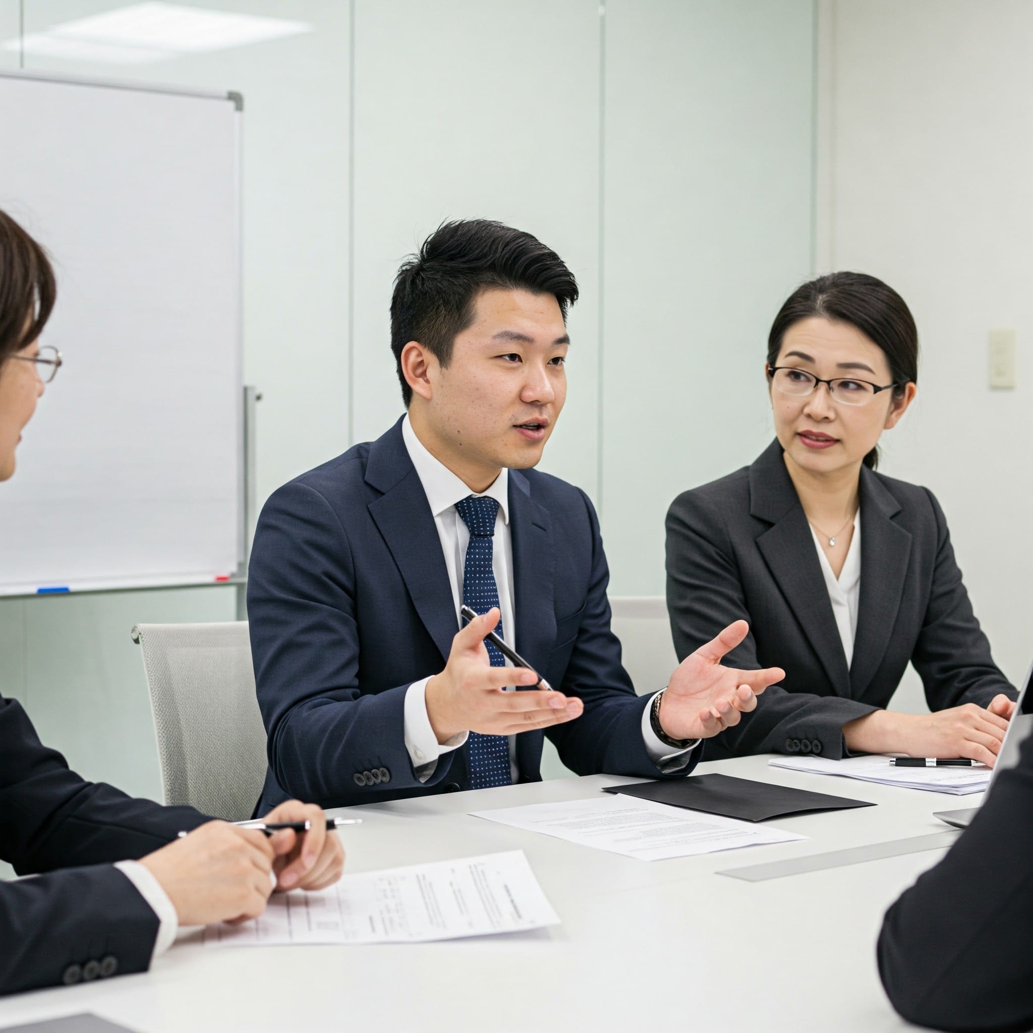 会議室で和やかに話す日本人と中国人のビジネスパーソン