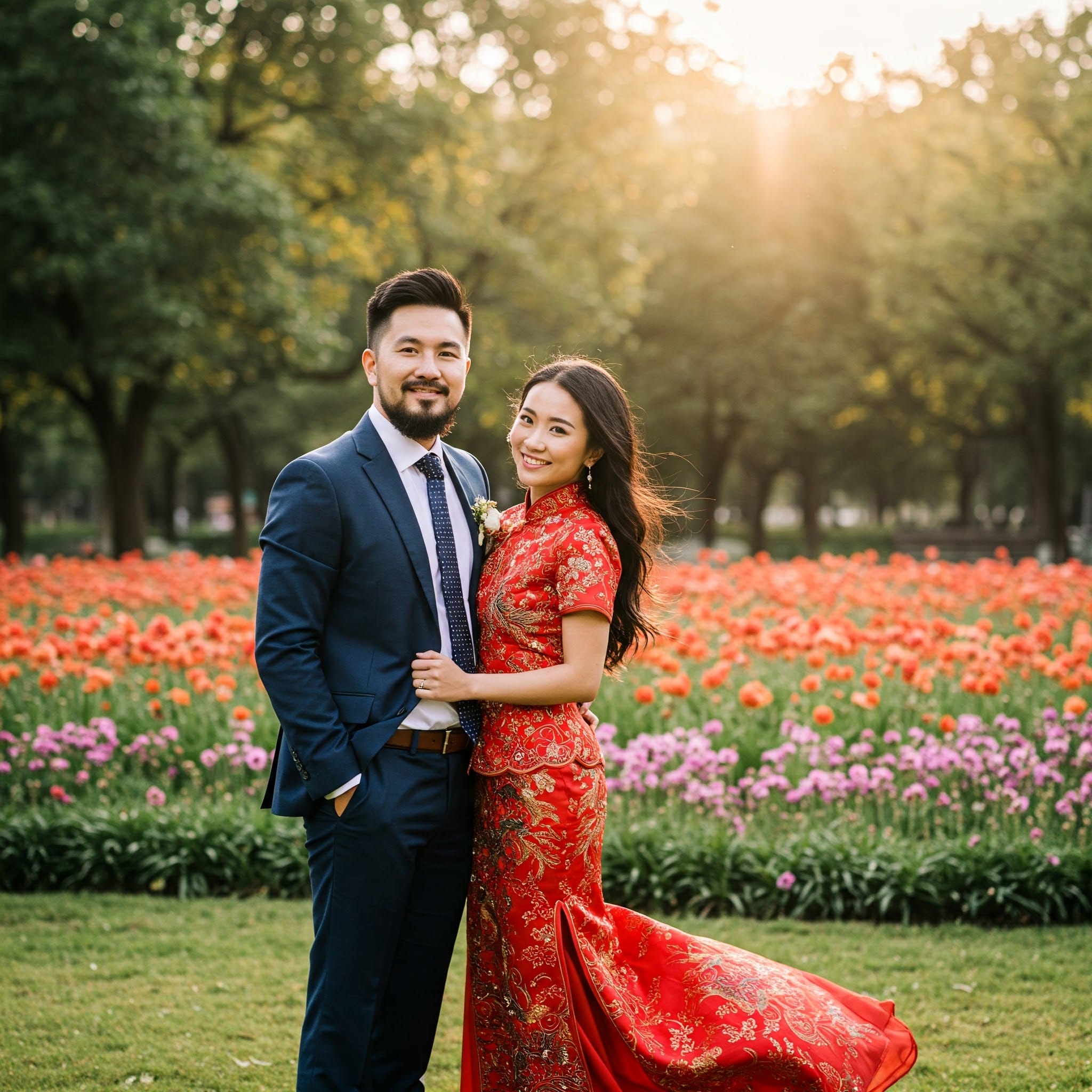 屋外の美しいロケーションで結婚式の前撮り写真（婚纱照）を撮影しているカップル