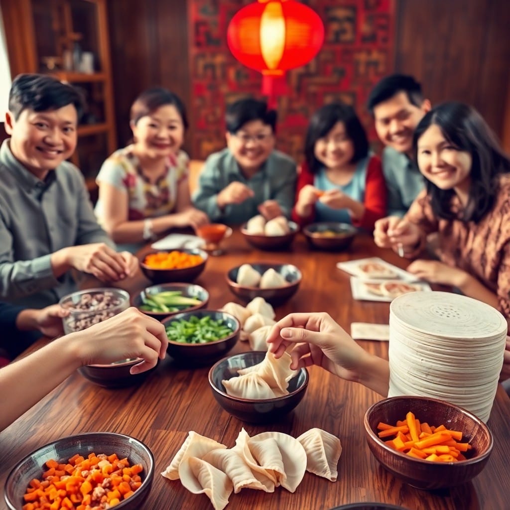 家族で楽しそうに餃子作りをする様子
