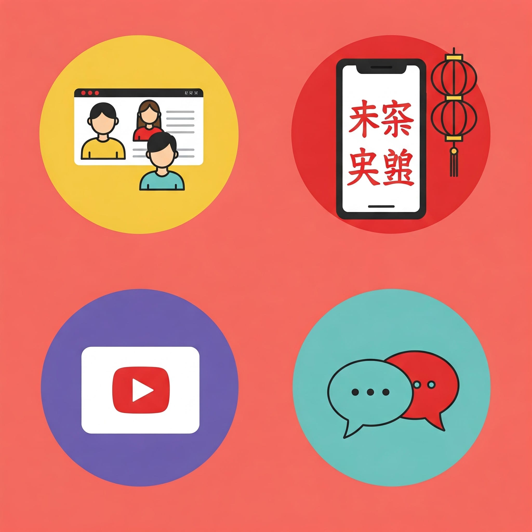 オンライン中国語学習の多様な方法を示すアイコン群。ビデオレッスン、アプリ、動画、会話。