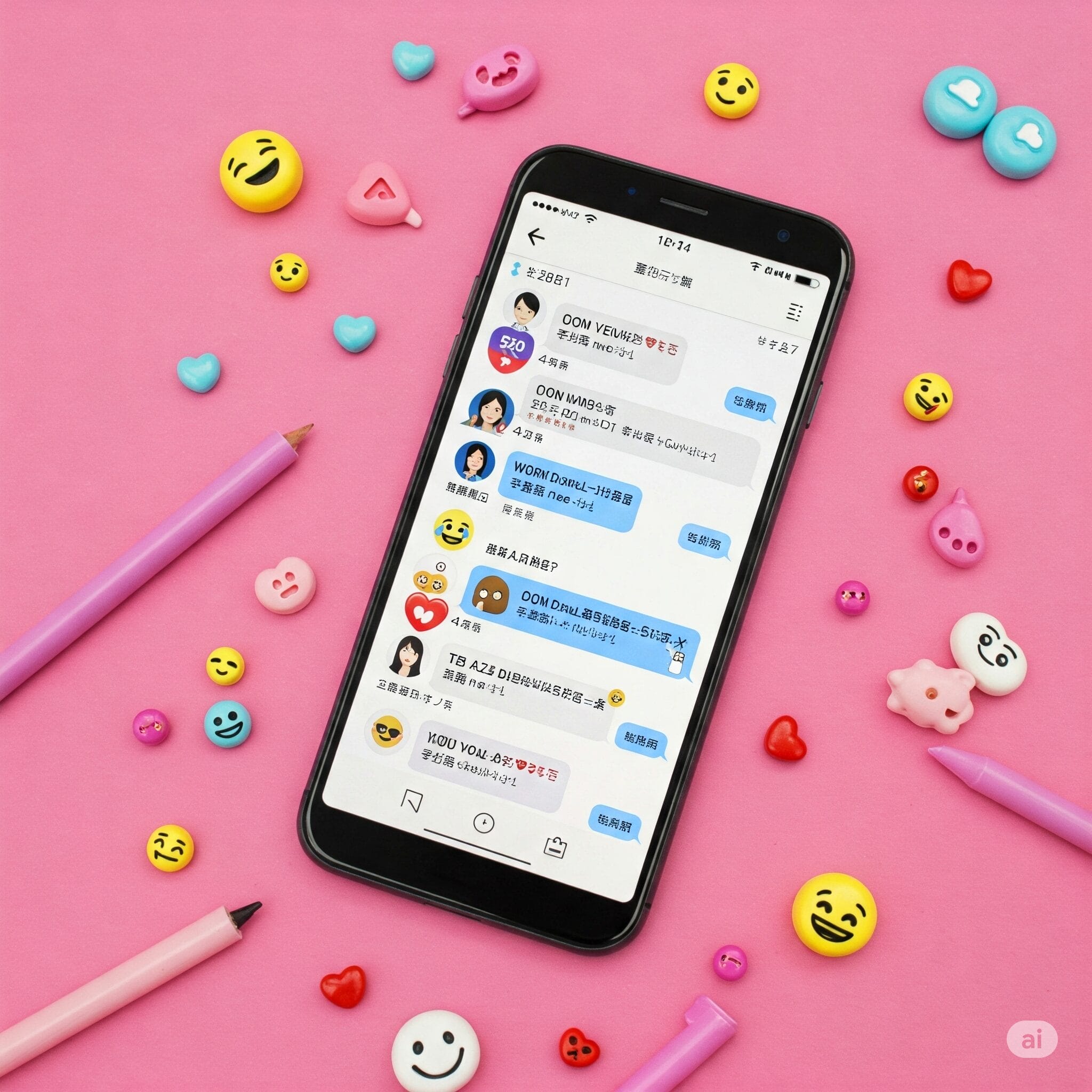 スマートフォンでSNSチャットをする手元、画面には中国語の恋愛スラングや数字が見える