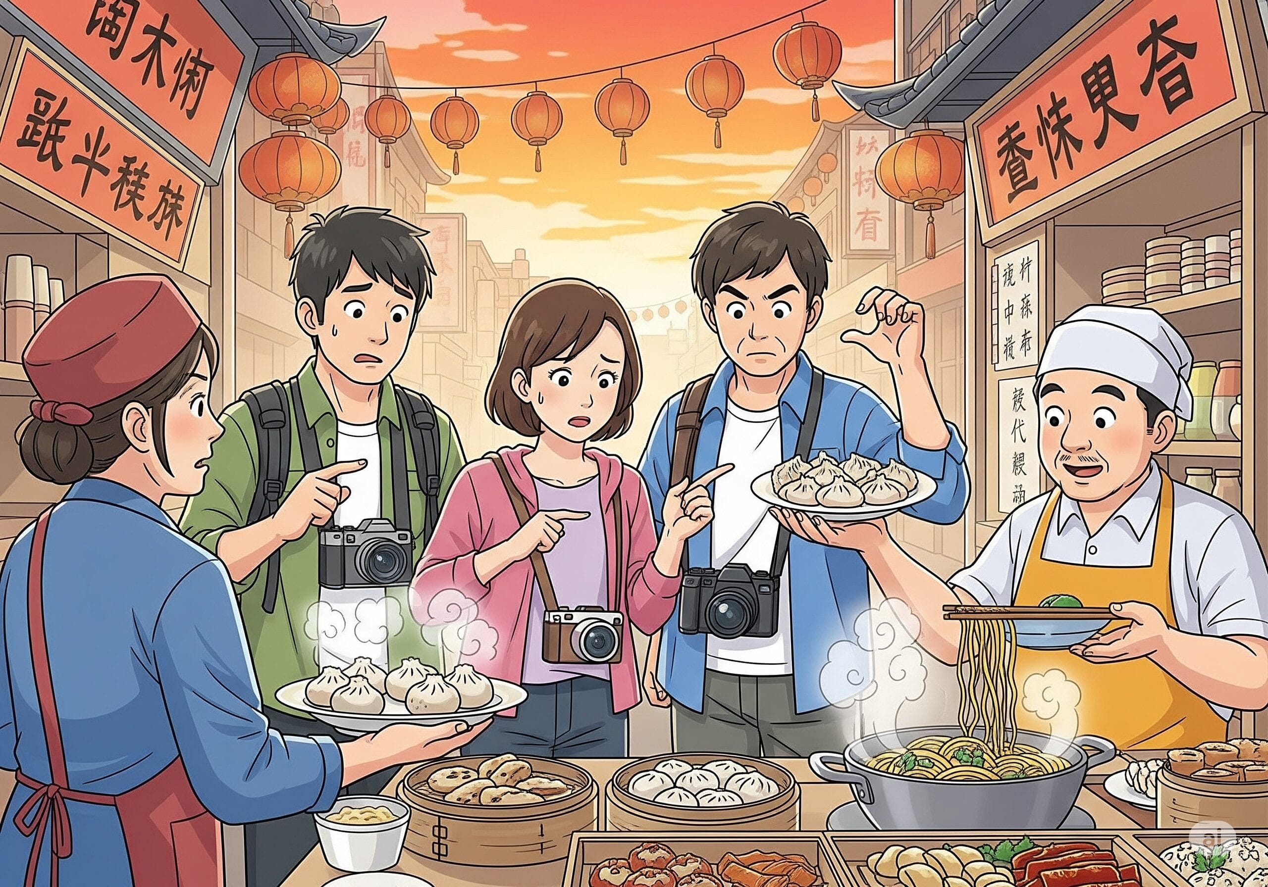活気ある中国の市場で日本人観光客がジェスチャーでコミュニケーションを取ろうとしているユーモラスなイラスト