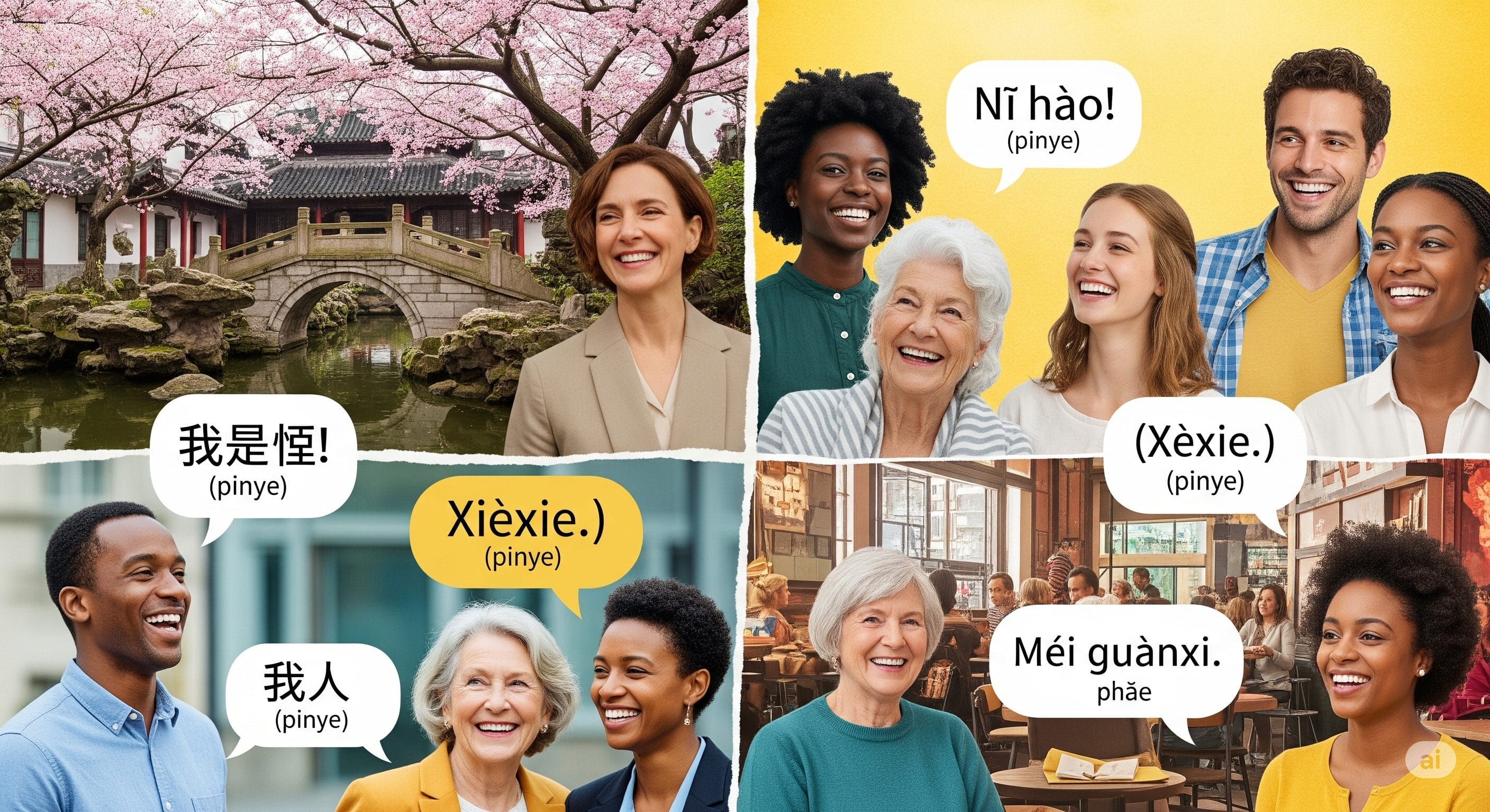 多様な人々が笑顔で中国語で会話しているイラスト