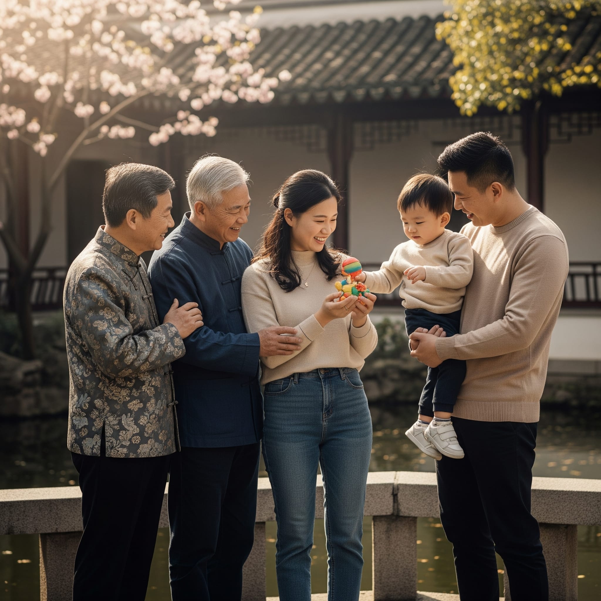 愛情を込めて子供と触れ合う多世代の中国人家族