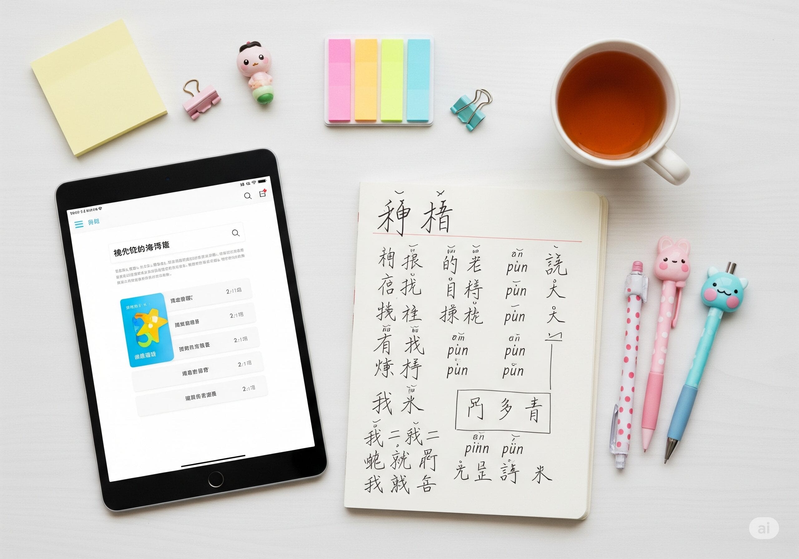 中国語学習アプリが表示されたタブレットとノートが置かれた学習スペースのフラットレイ画像