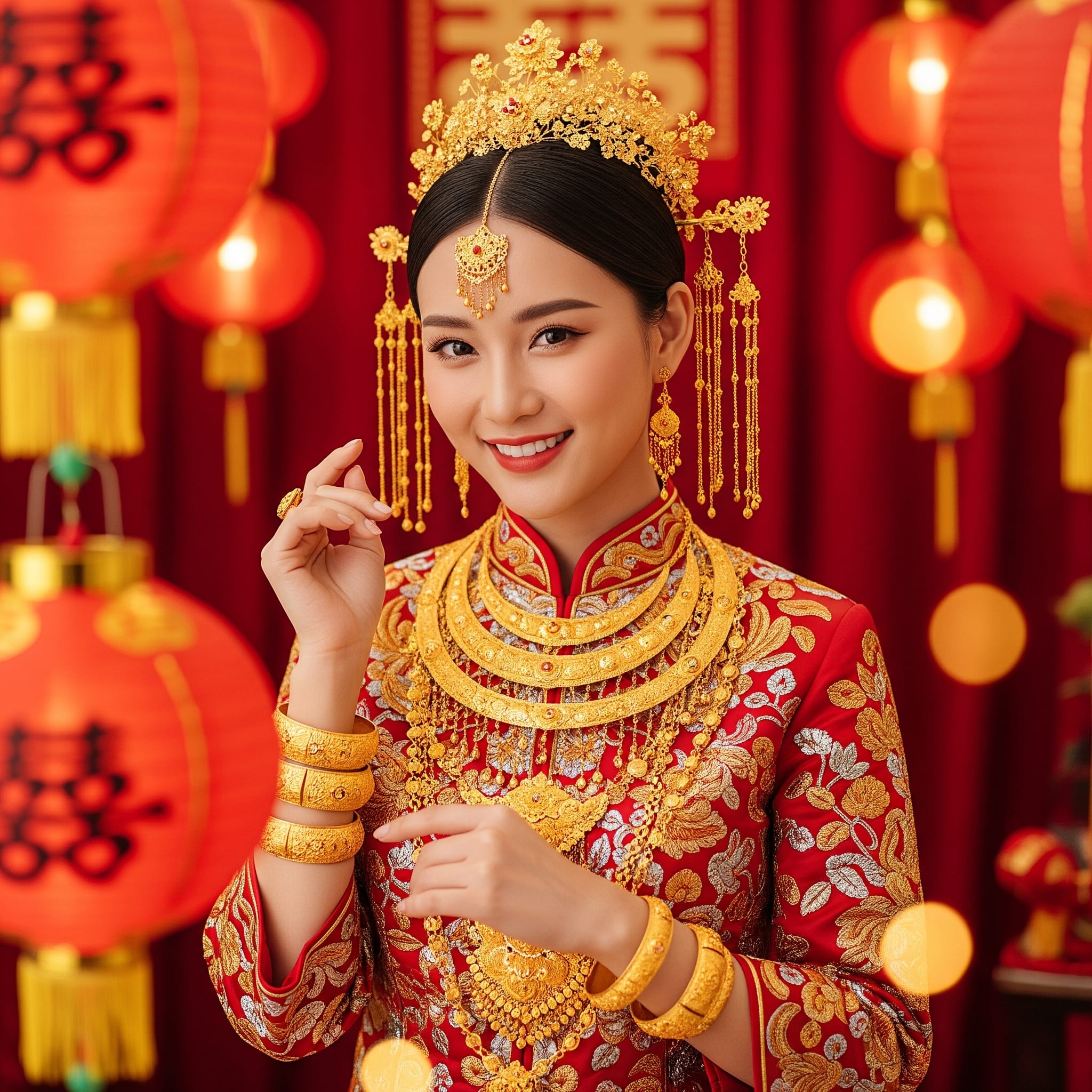 金のネックレスや腕輪を多数身に着けた中国の花嫁