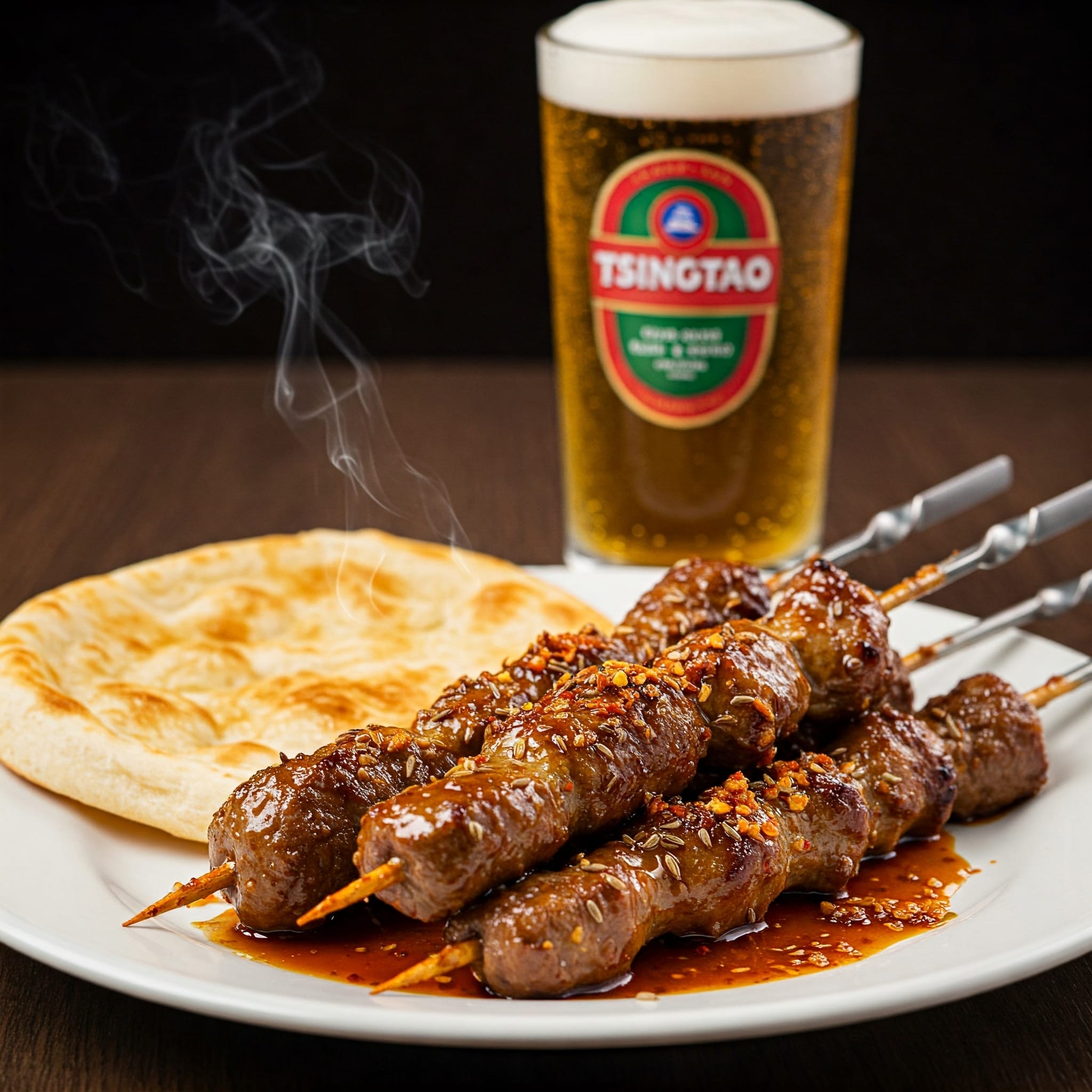 焼きたての羊肉串と中国ビール、ナンのクローズアップ