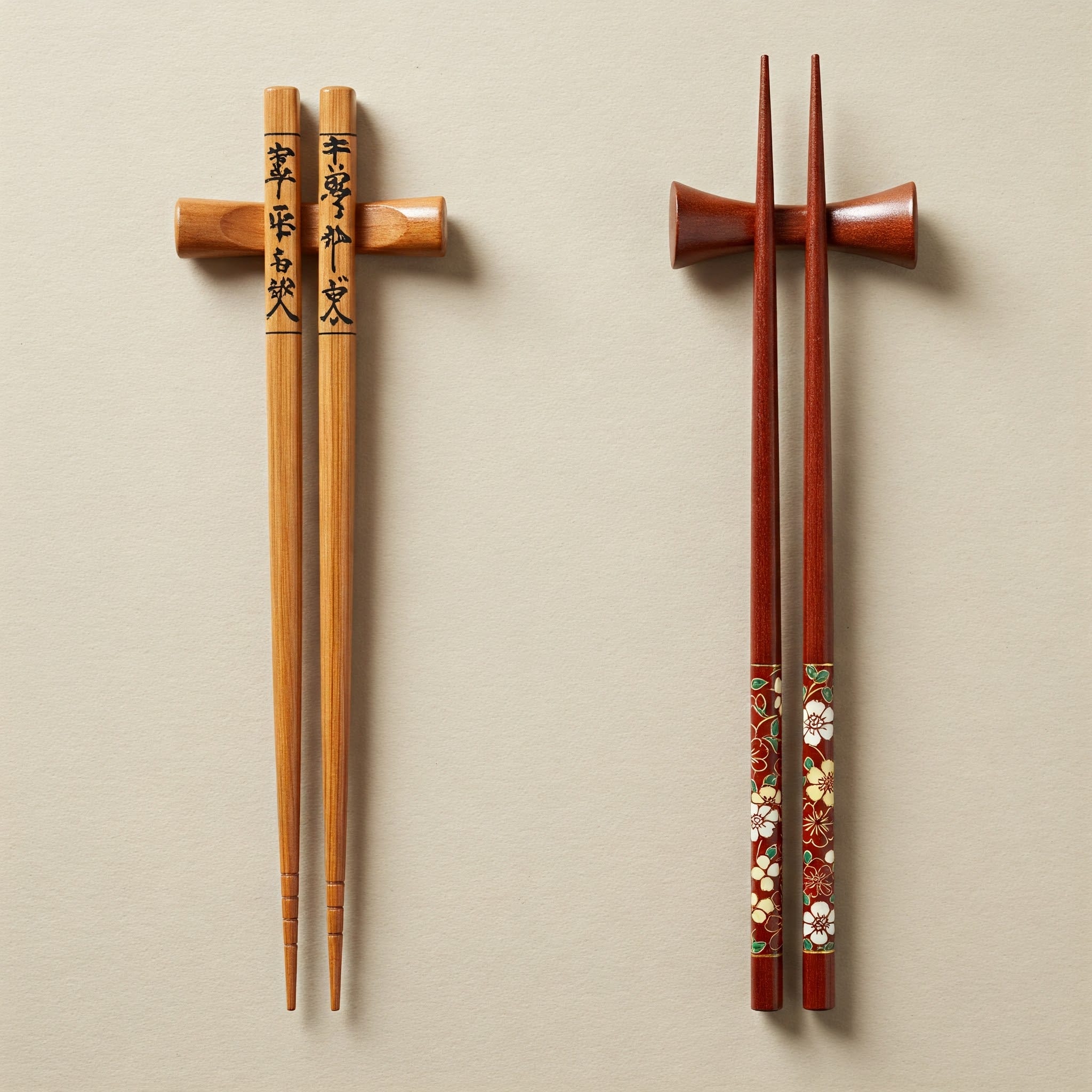 中国箸と日本箸を並べて比較した画像