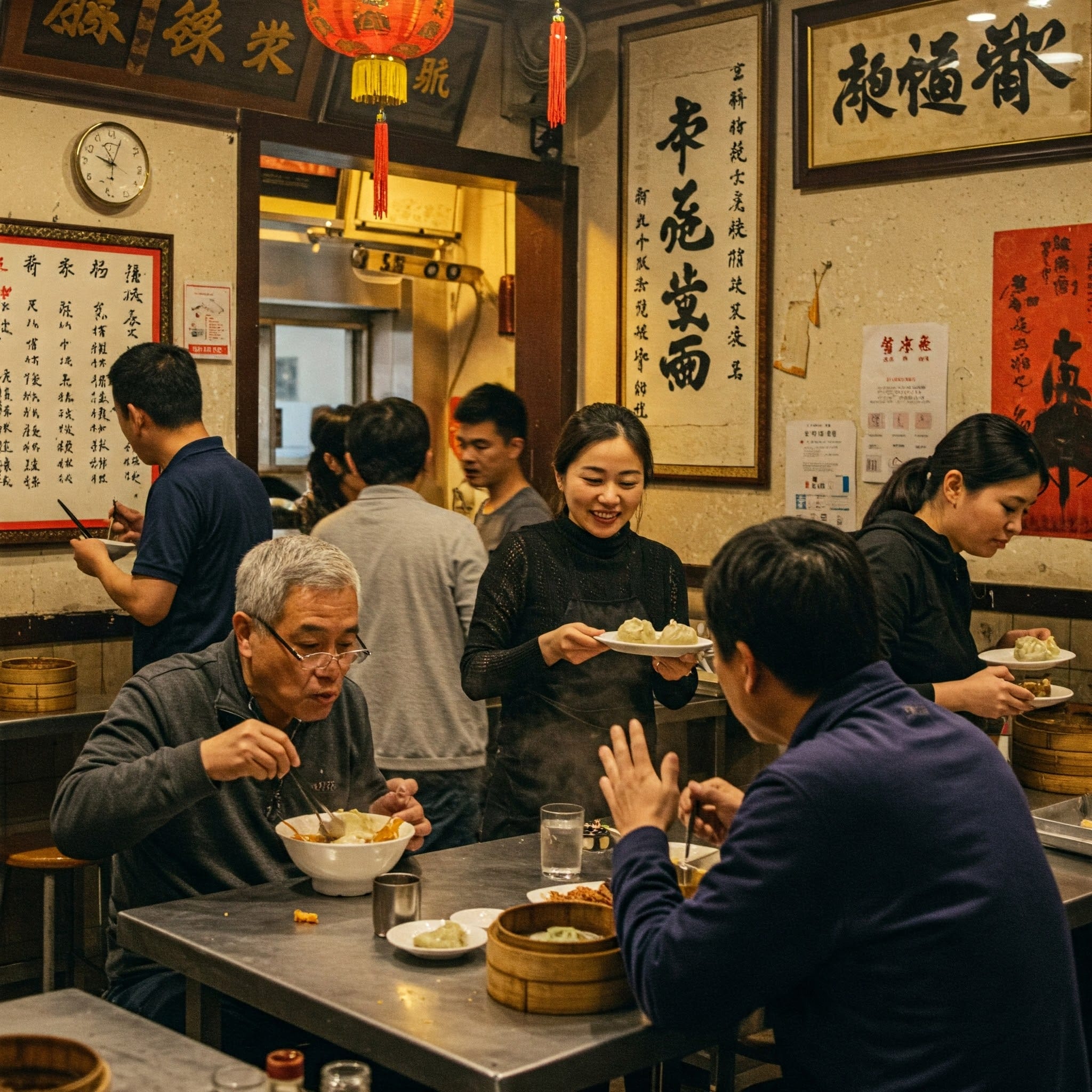 食堂で食事をしながら挨拶を交わす人々