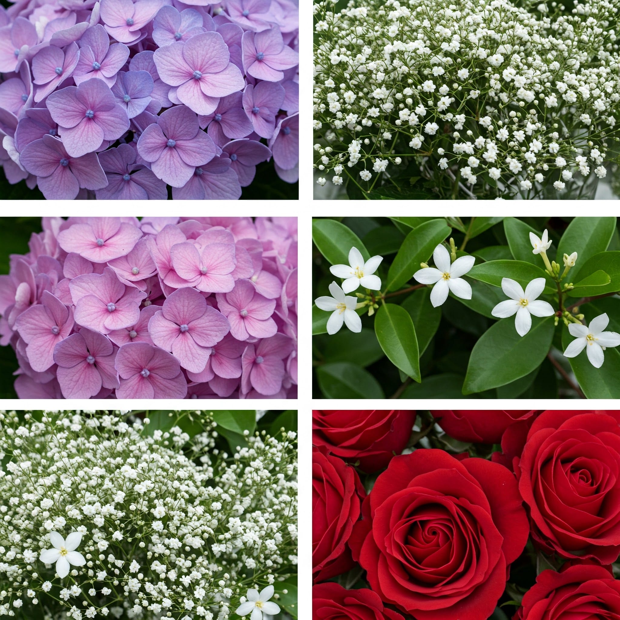 アジサイ、バラ、カスミソウなどの花の美しいコラージュ