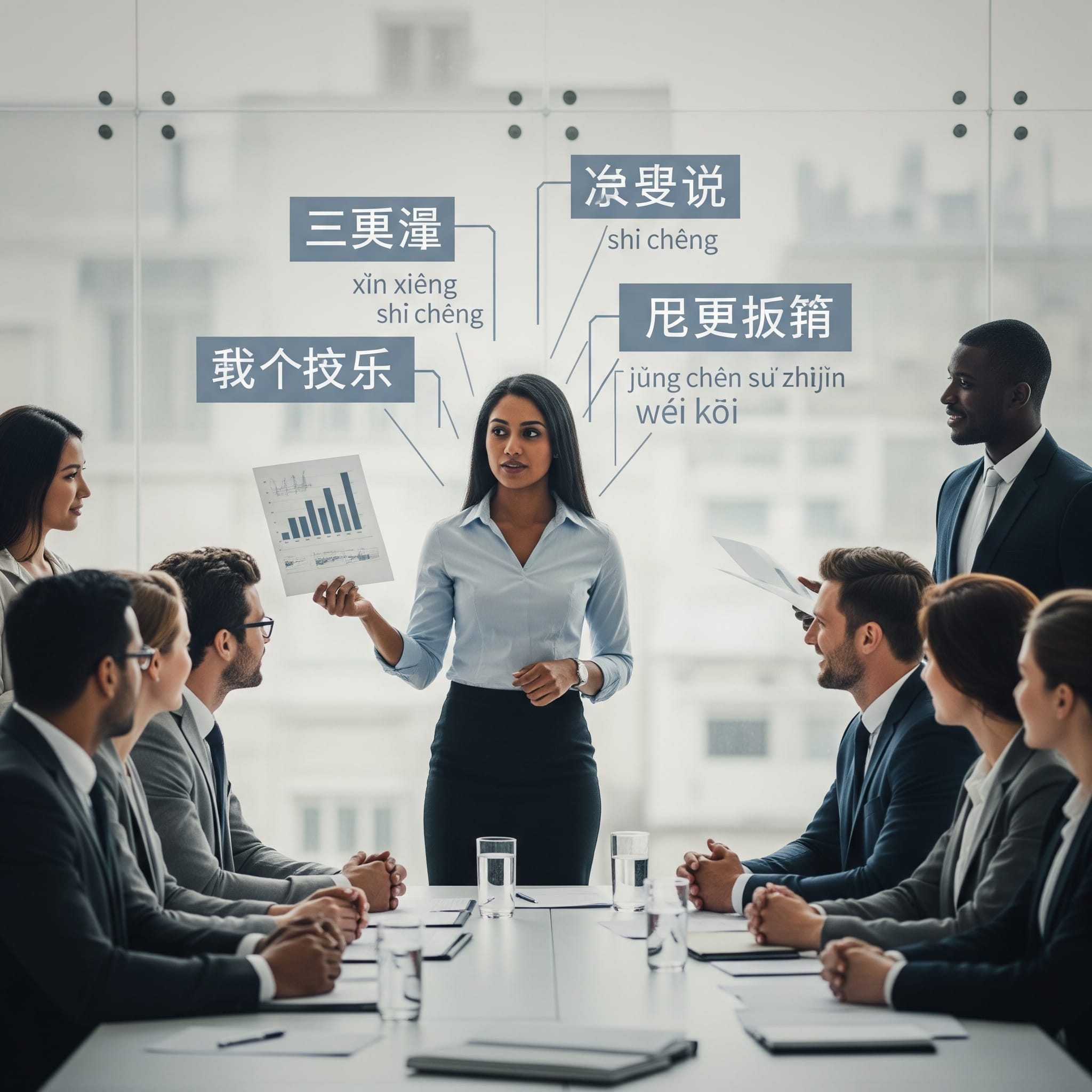 会議で自信を持って意見を述べる現代のビジネスパーソンと背景の成語グラフィック