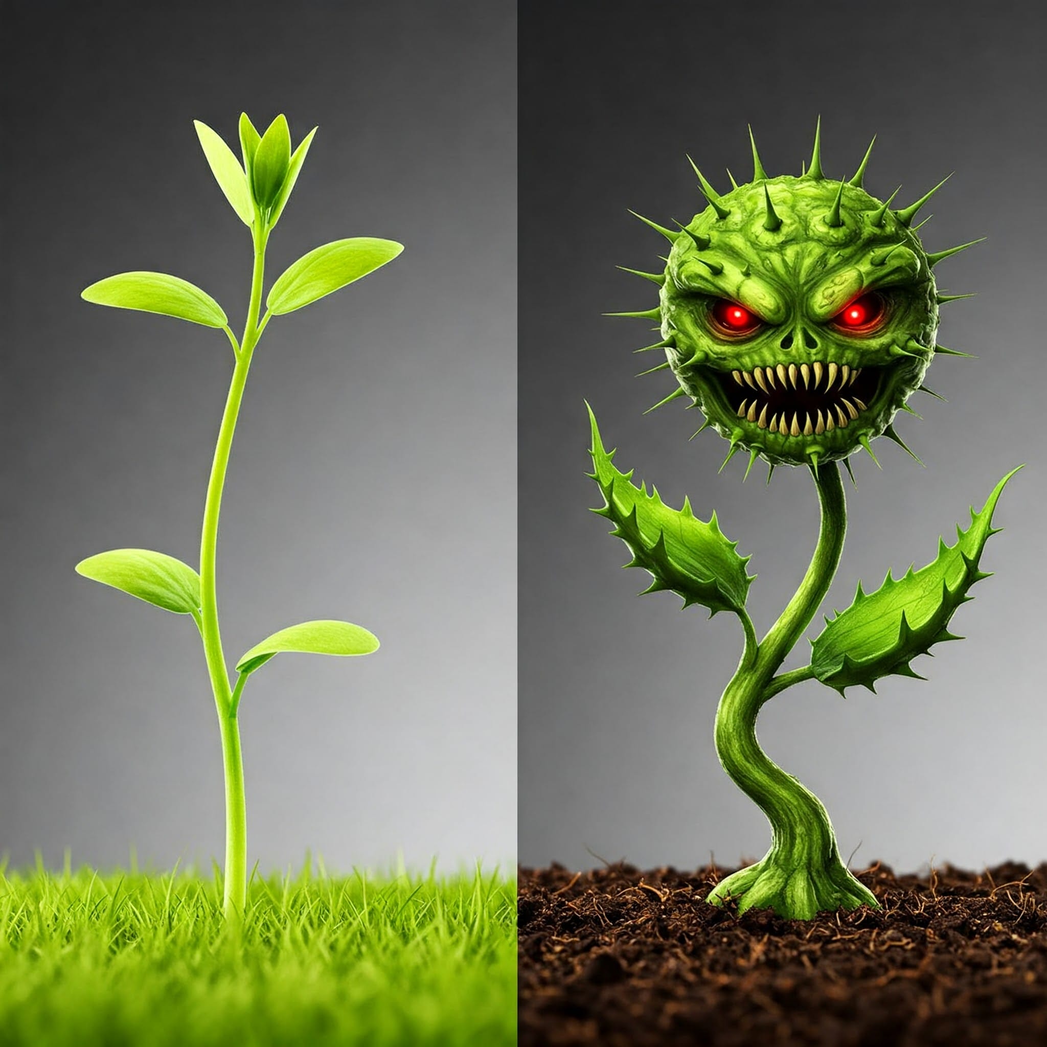 無邪気な草が毒々しい植物に変化するメタファー