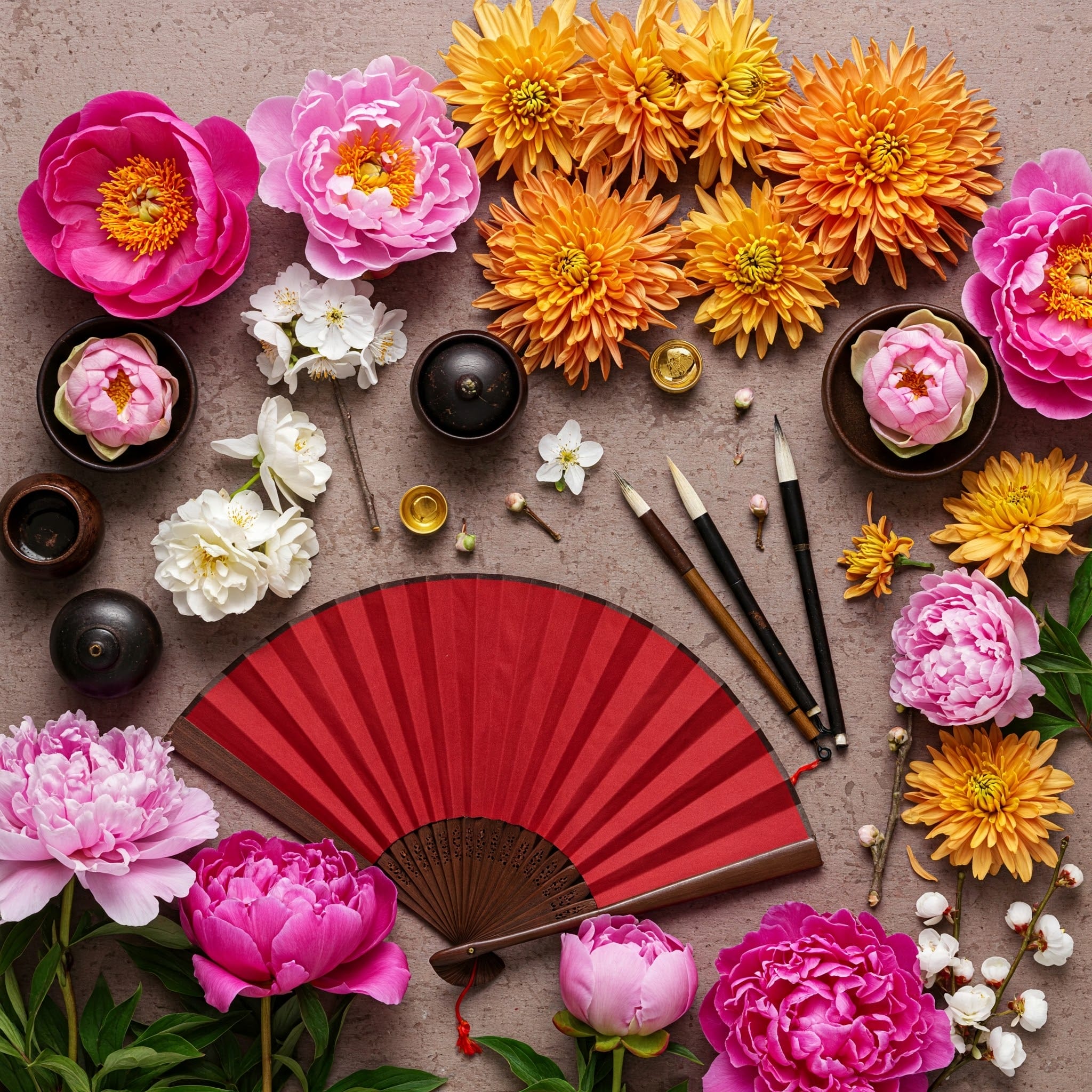 牡丹、梅、蓮、菊など様々な中国の花の美しいフラットレイ