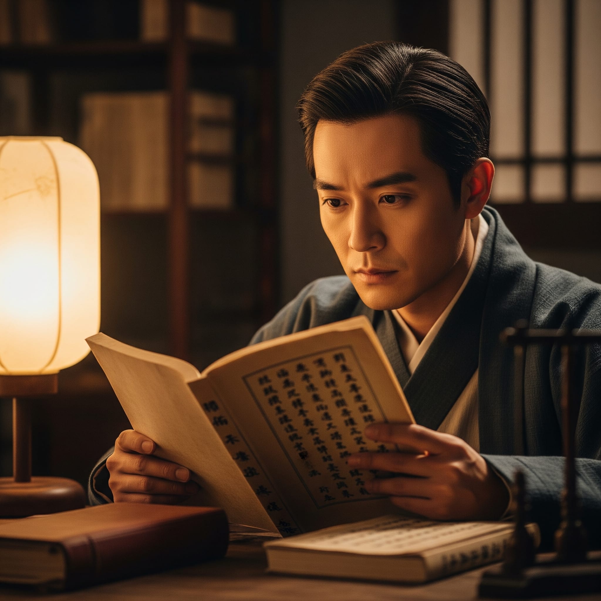 古い書物を読みながら過去を思う学者の姿、または「思旧」の掛け軸のイメージ