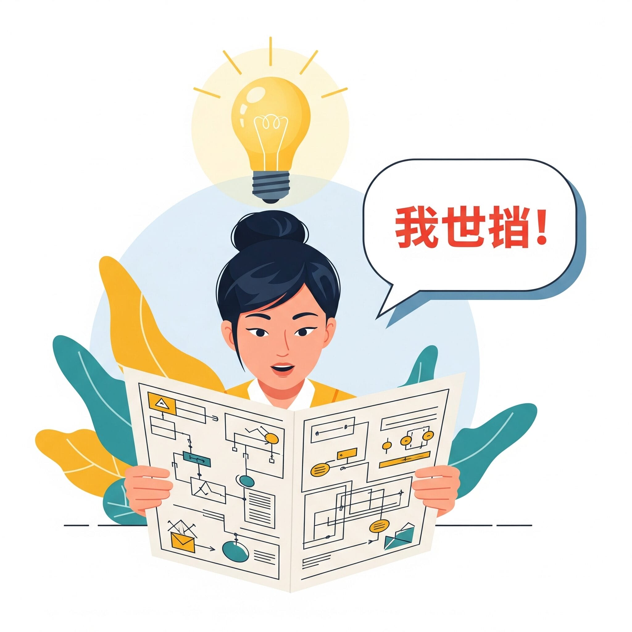 複雑な中国語の文章を見ていた人物の頭上に電球が灯り、「なるほど！」と理解した様子のイラスト。