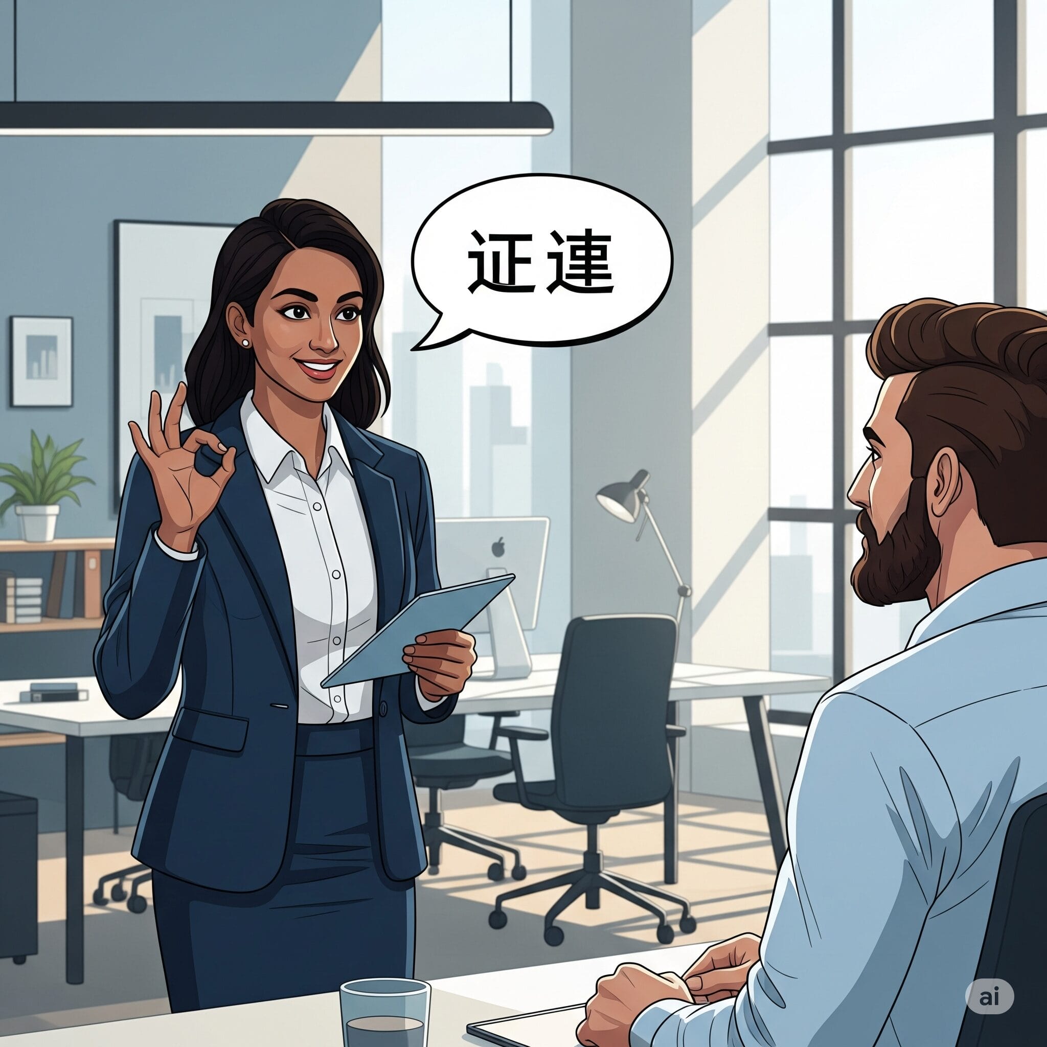 ビジネスシーンで、一人がもう一人にOKのジェスチャーをしており、吹き出しに「可以」と書かれているイラスト。