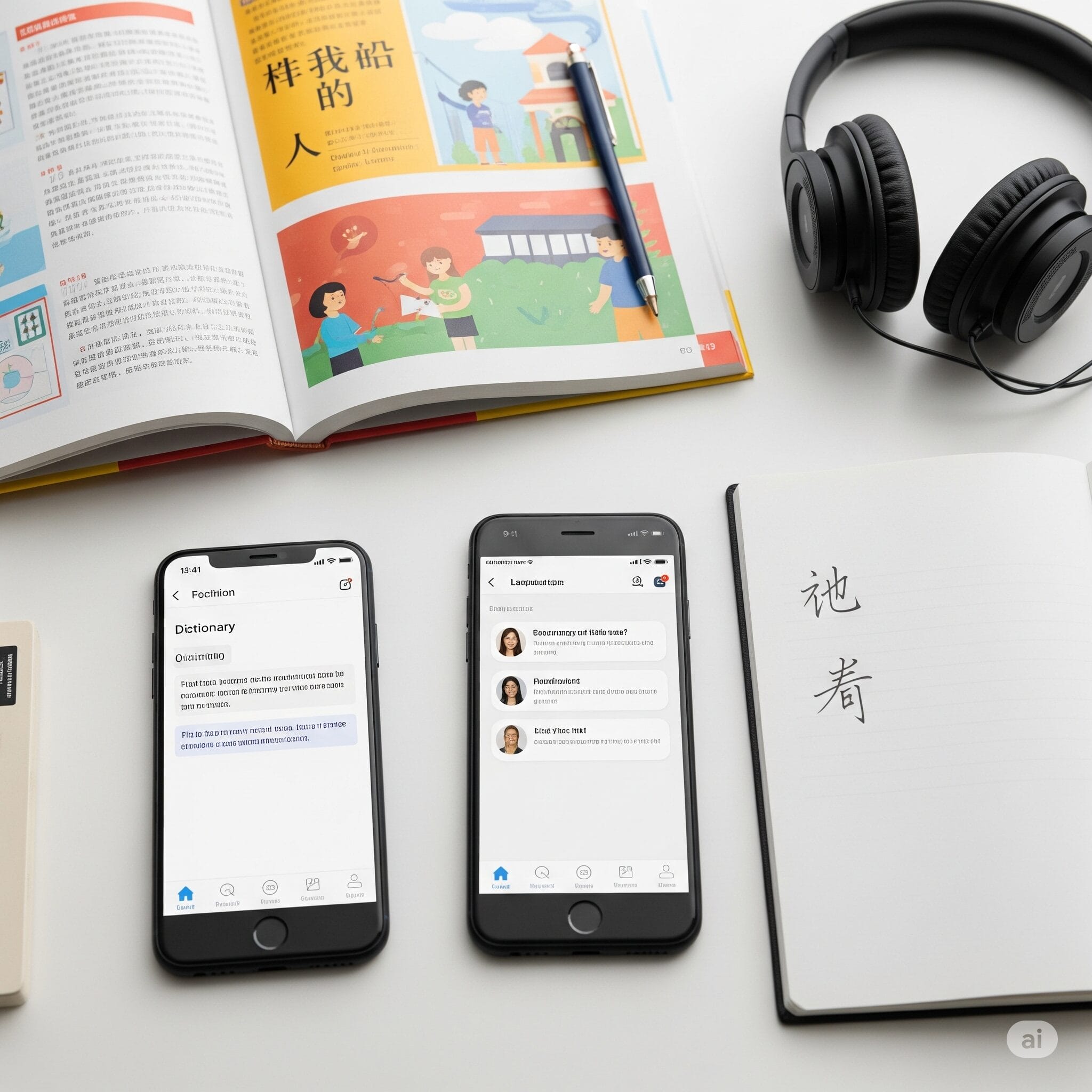 机の上に教科書、辞書アプリや言語交換アプリを表示したスマホ、ヘッドフォン、ノートなどが並べられた写真。