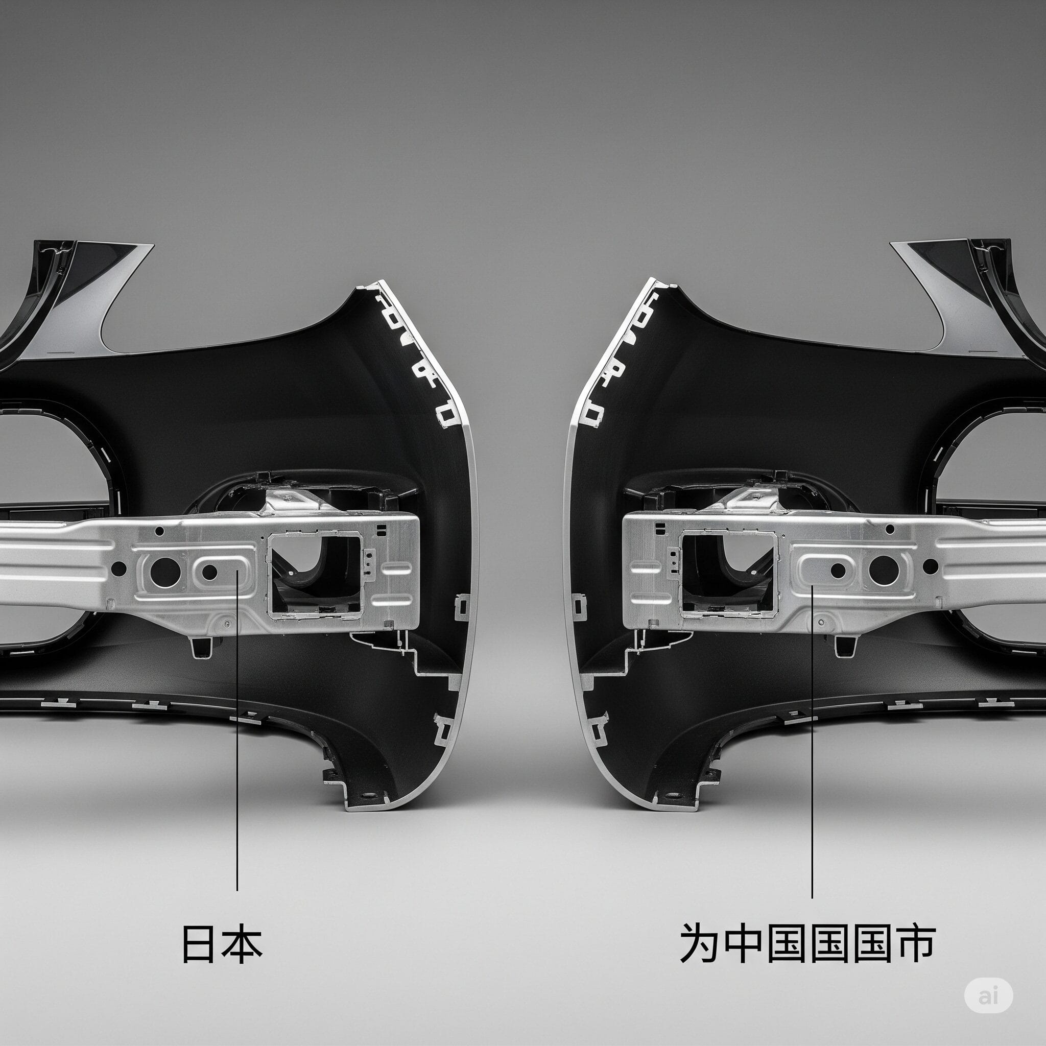 日本製（高品質アルミ）と中国市場向け（安価な鋼鉄）の自動車部品を比較し、品質の違いを示す技術写真。