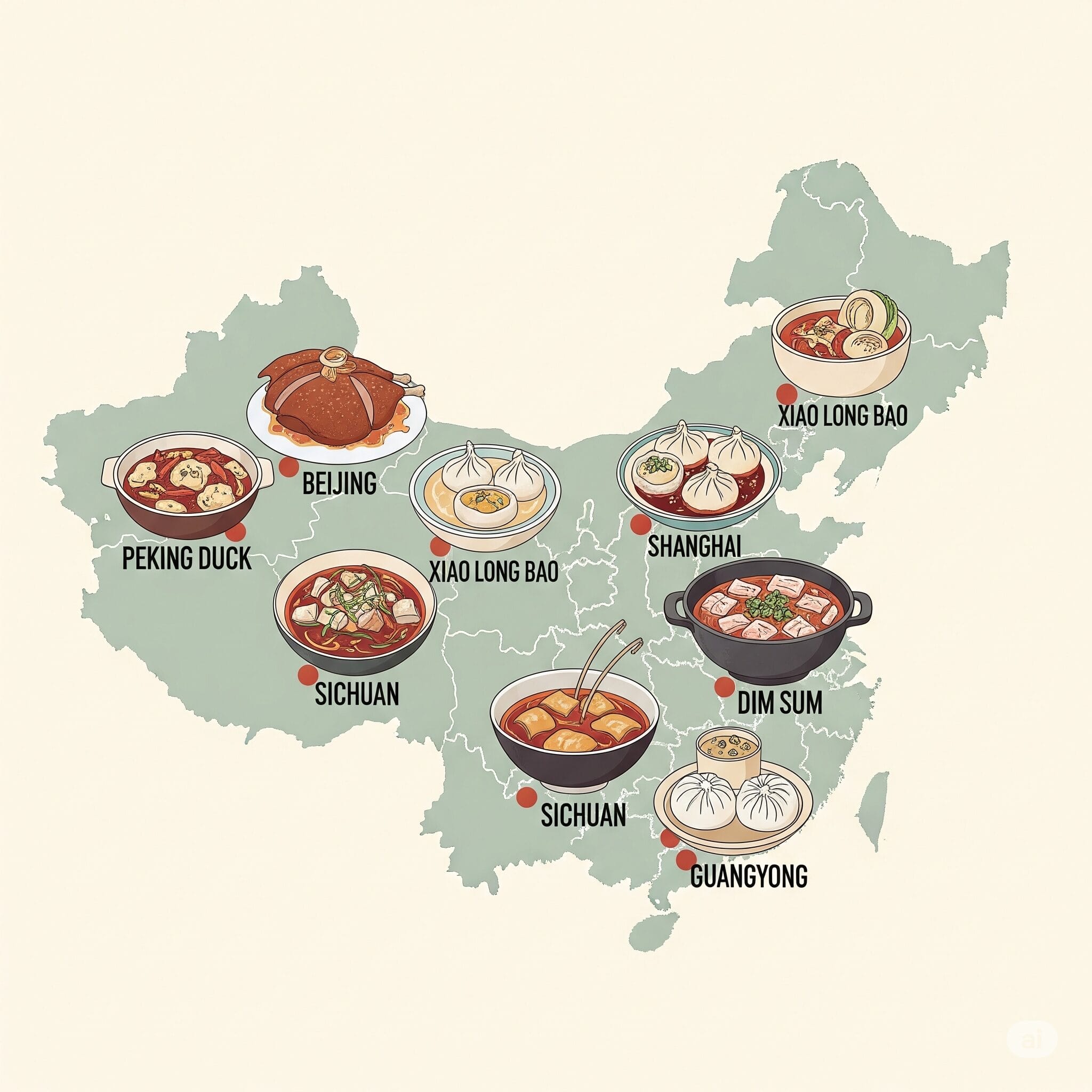 中国地図と各地の代表料理のイラストコラージュ