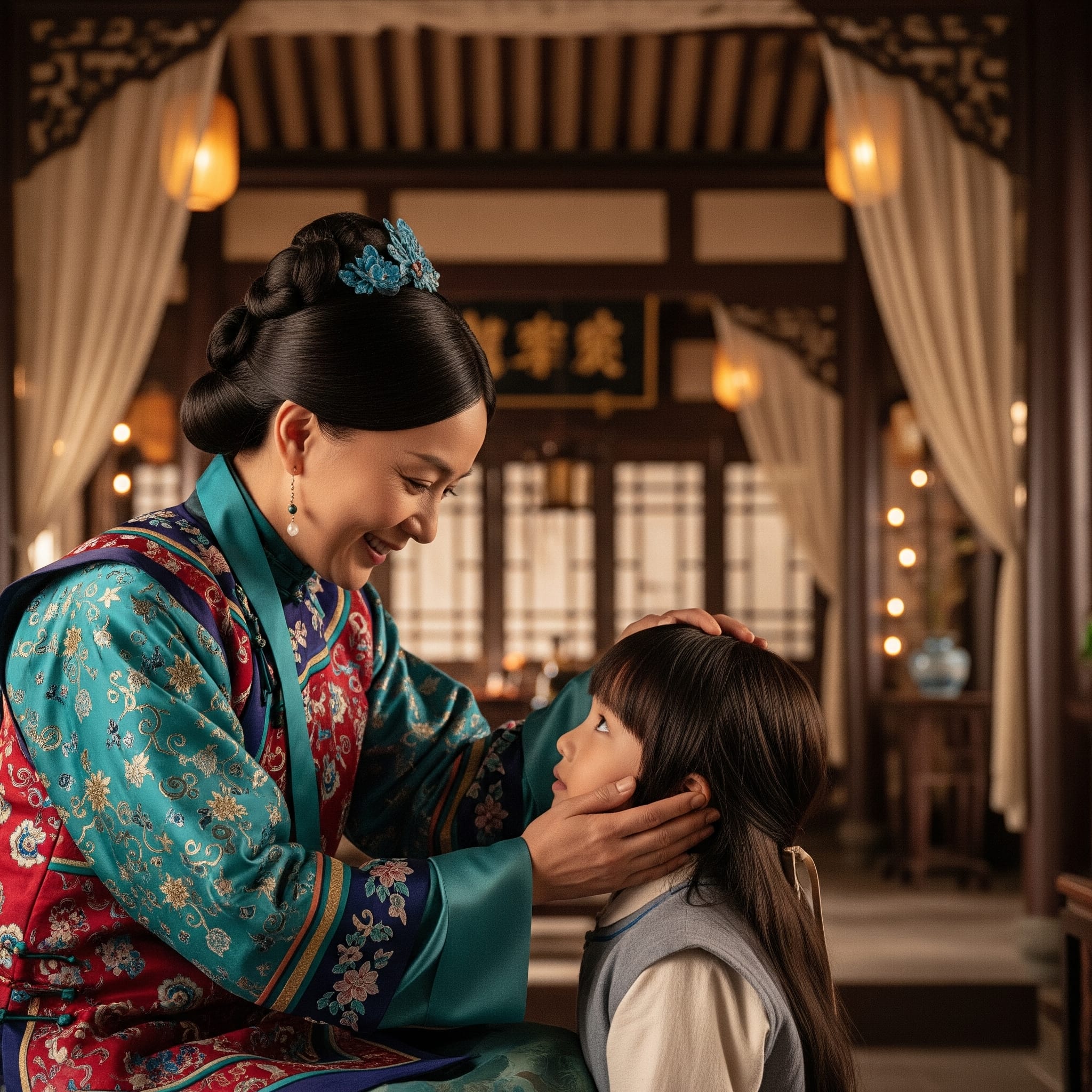 中国の時代劇で子供の頭を撫でる母親