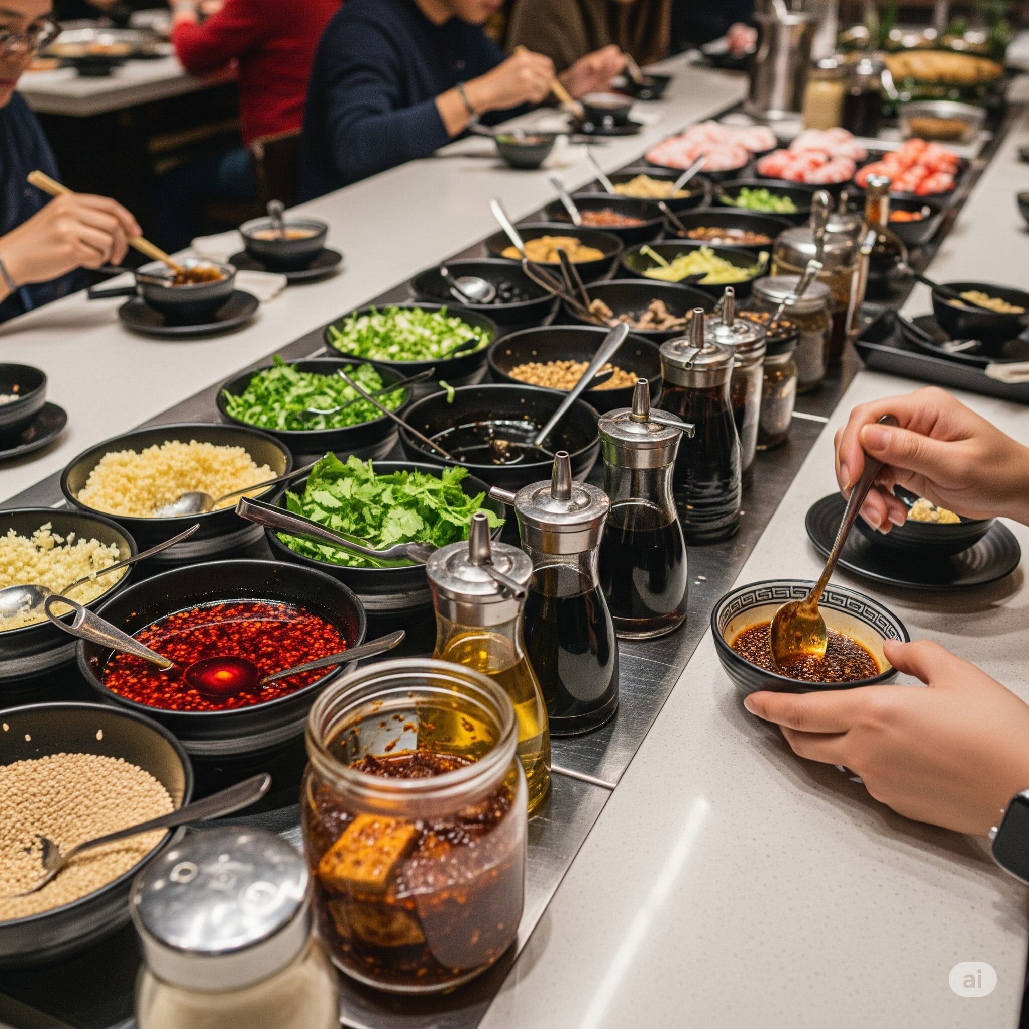 火鍋店のつけダレバー。様々な薬味や調味料が並び、客が自由にタレを作っている。